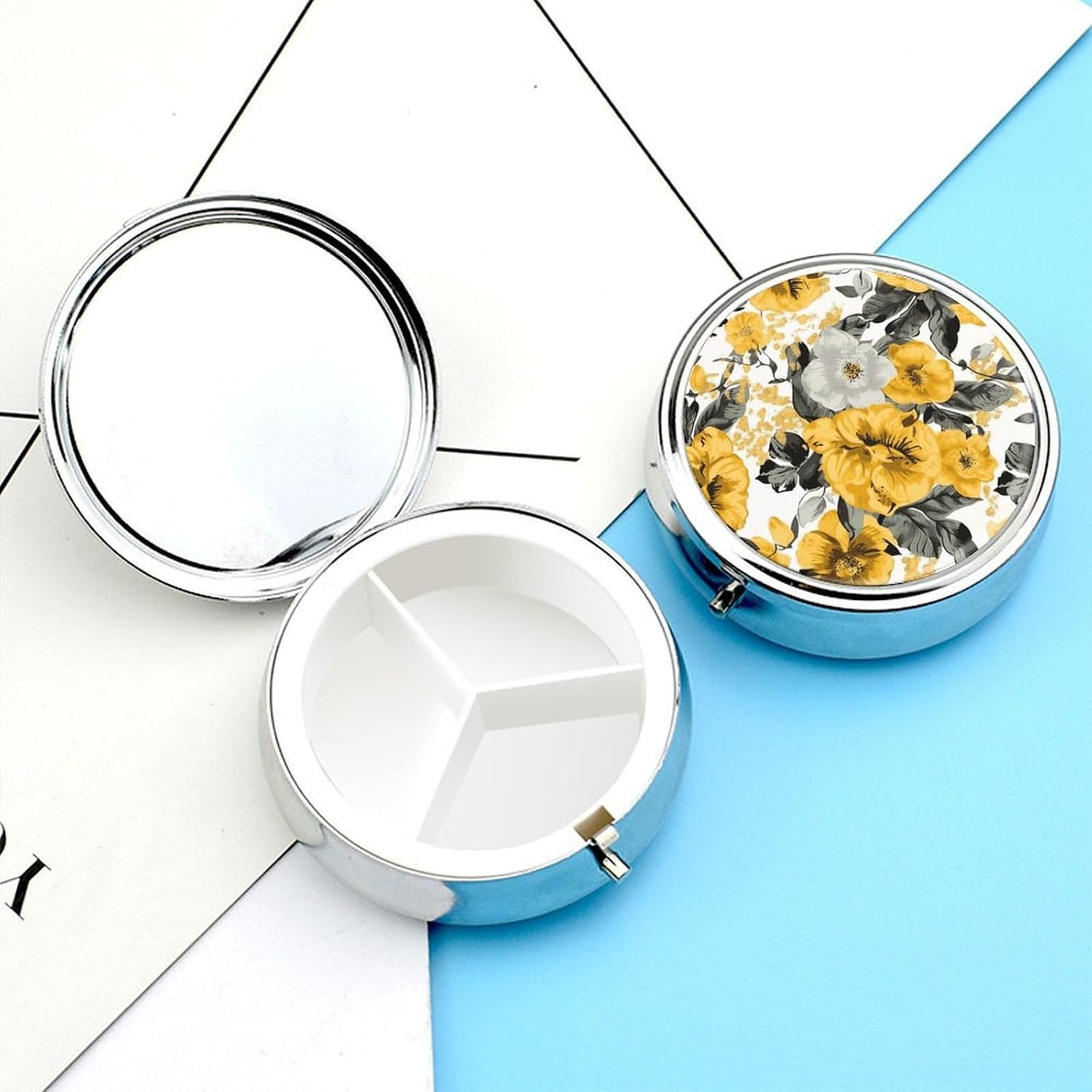Round Silver Pill Box Small Pill Case for Purse and Pocket 3 Compartment