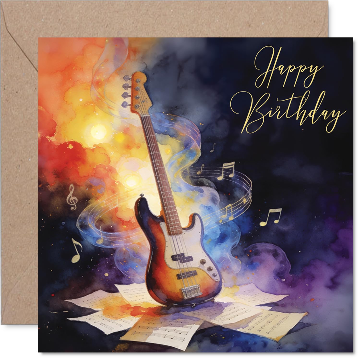 Heartfelt Birthday Card - Striking Guitar and Music Notes Artwork - Vibrant Watercolour Design - Perfect for Music Lovers - 145mm Square, Envelope Included
