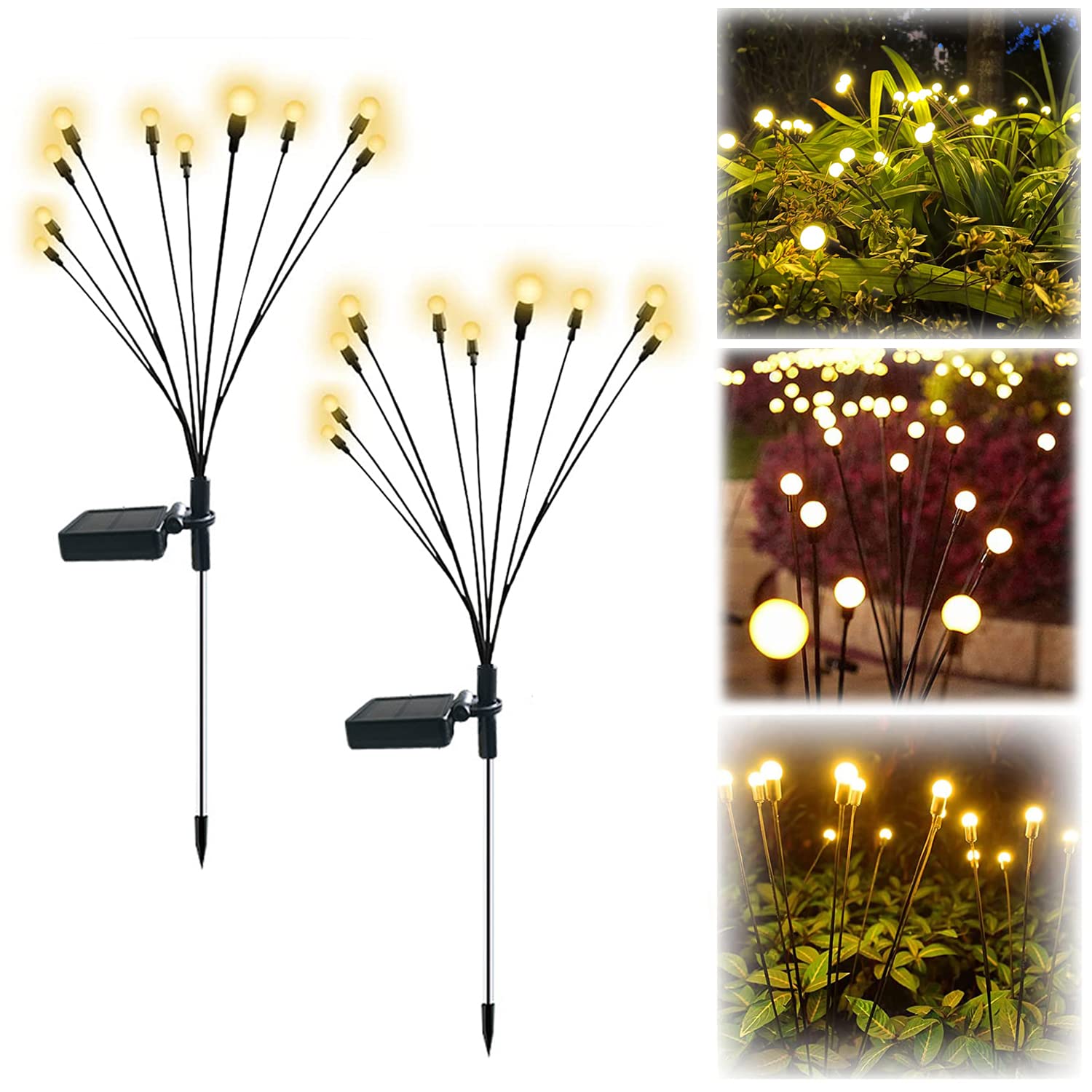 JURASNOW 2PCS 10 Head Solar Powered Firefly Lights, 10 LED Outdoor Waterproof Solar Starburst Swaying Garden Lights, Swaying When Wind Blows Solar Garden Lights Outdoor Decorative String Lights