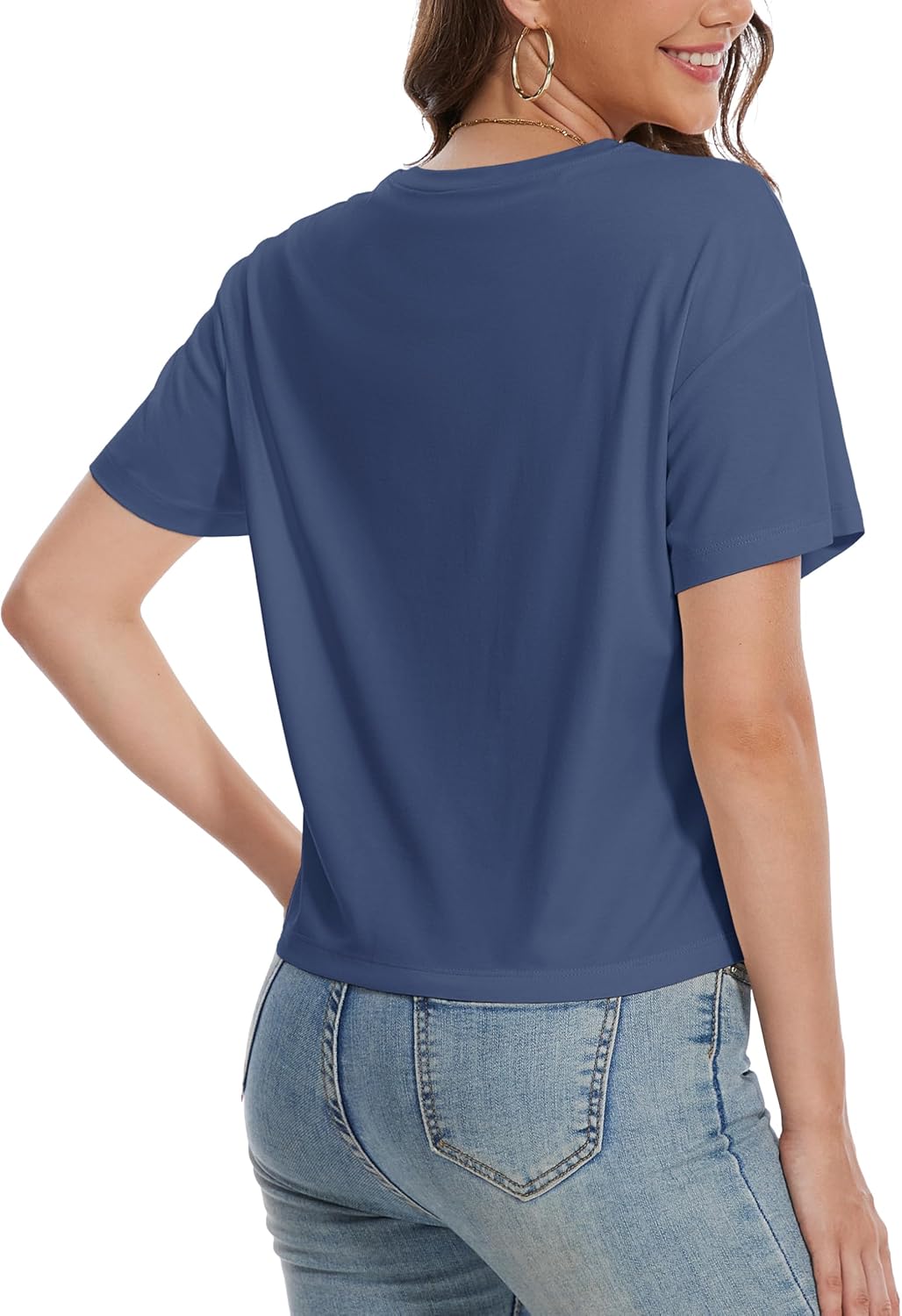 YUCOLEN Women's Crop Tops Summer Short Sleeve Cotton UPF 50+ Round Neck Casual Loose Cropped T-Shirts Solid Basic Tees - Image 2