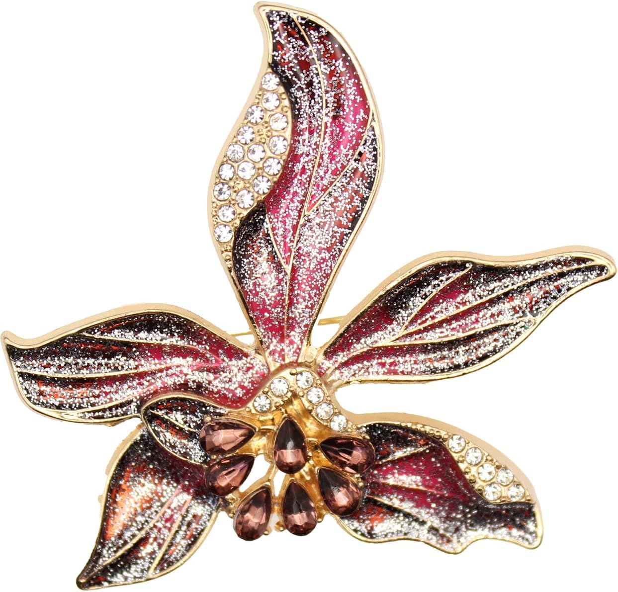 Crystal Butterfly Brooch Pin, Elegant Floral Design with Zircon Stones, Wedding Party Dress Accessory, Red and Gold Banquet/Christmas Gift