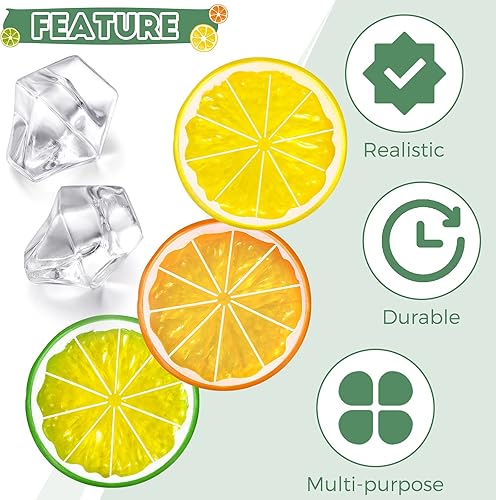 Miniatura 2 de 300 cubos de hielo triturados falsos transparentes y 20 rodajas de limón de simulación, frutas artificiales y diamantes acrílicos, hielo