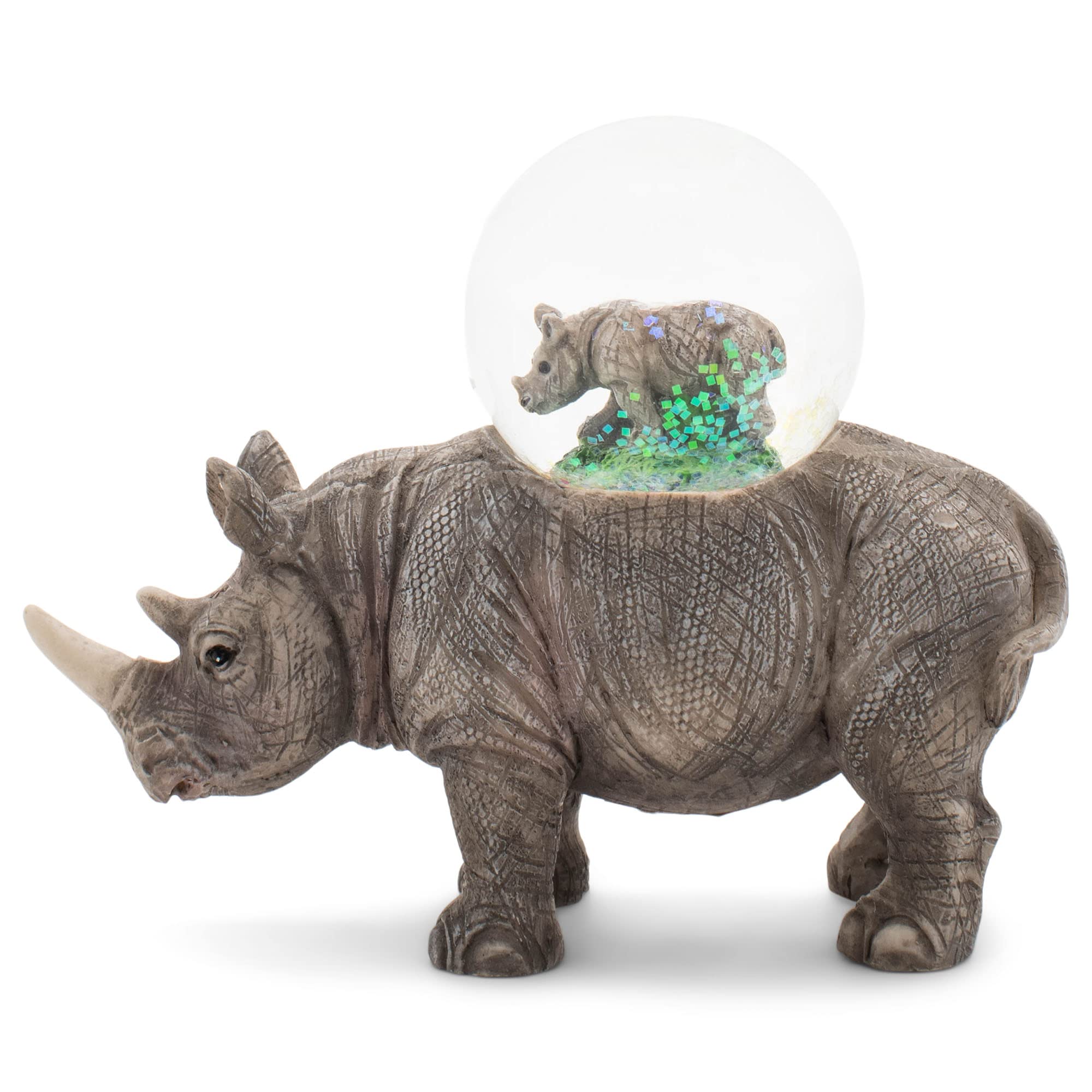 Elanze Designs Grey Rhino Mother And Baby Miniature 45Mm Sturdy Polyresin Magical Whimsical Tabletop Dresser Nightstand Glitter Water Snow Globe Figurine Decoration