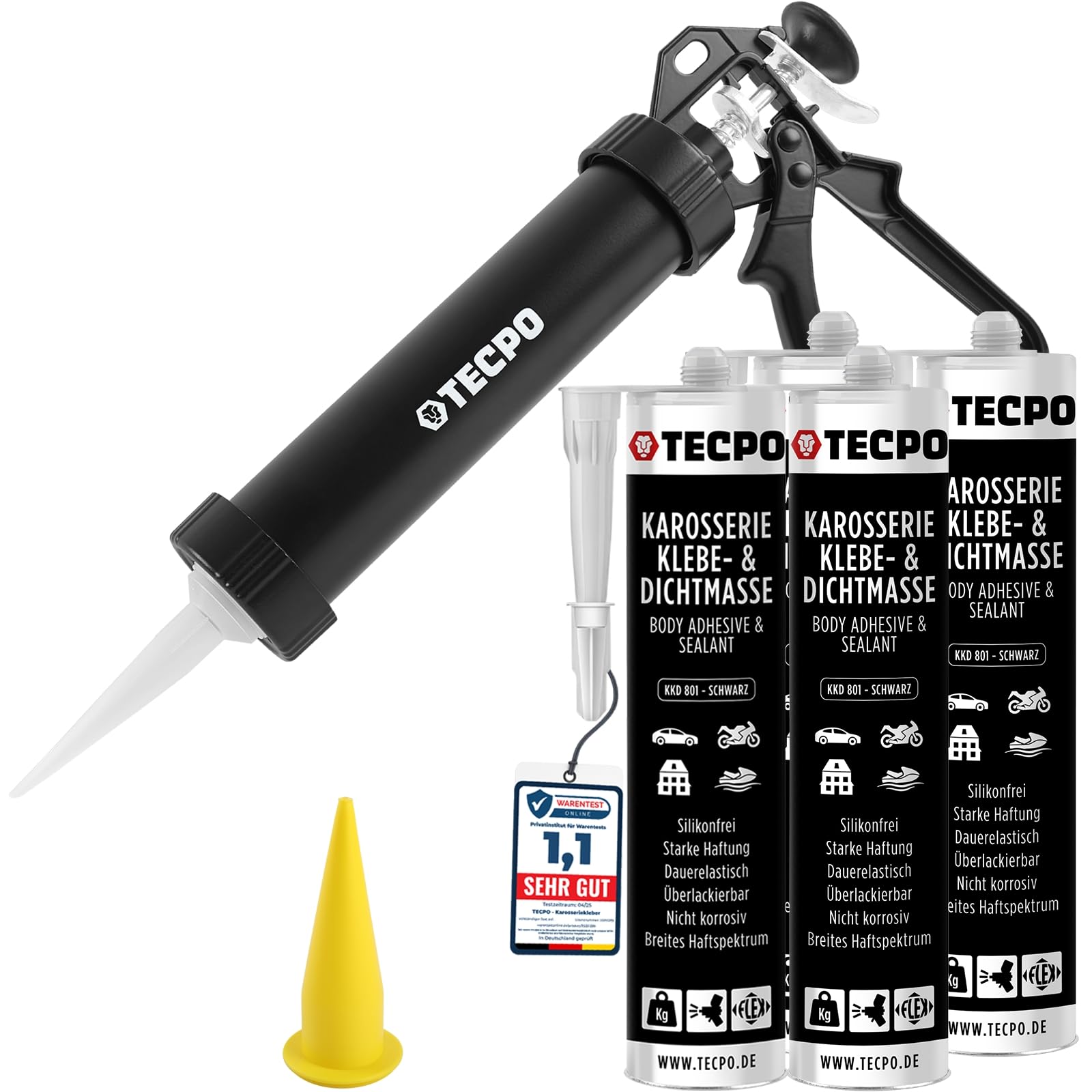 TECPO Mastic adhésif et d'étanchéité pour carrosserie - 4 x 370 g - Noir - Avec presse à cartouche en aluminium