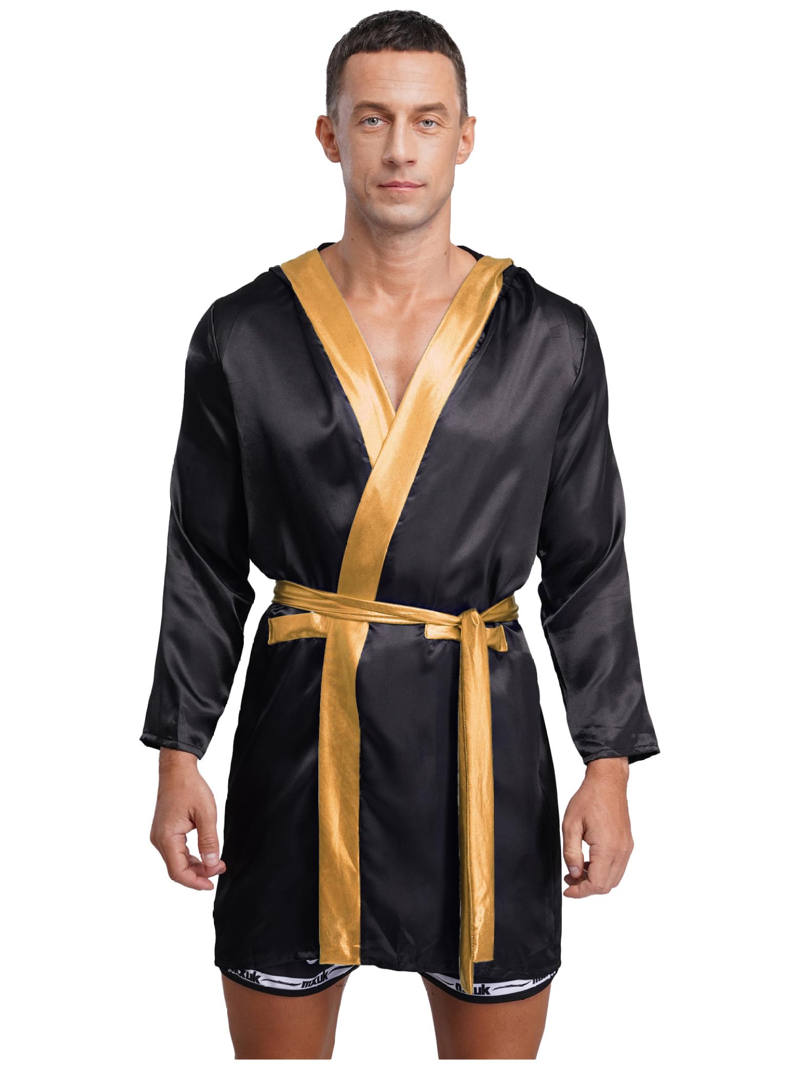 Abrigo de boxeador para hombre con brillo Bata de boxeo con capucha y cinturón Muay Thai Boxeador Kickboxer Ropa Accesorios