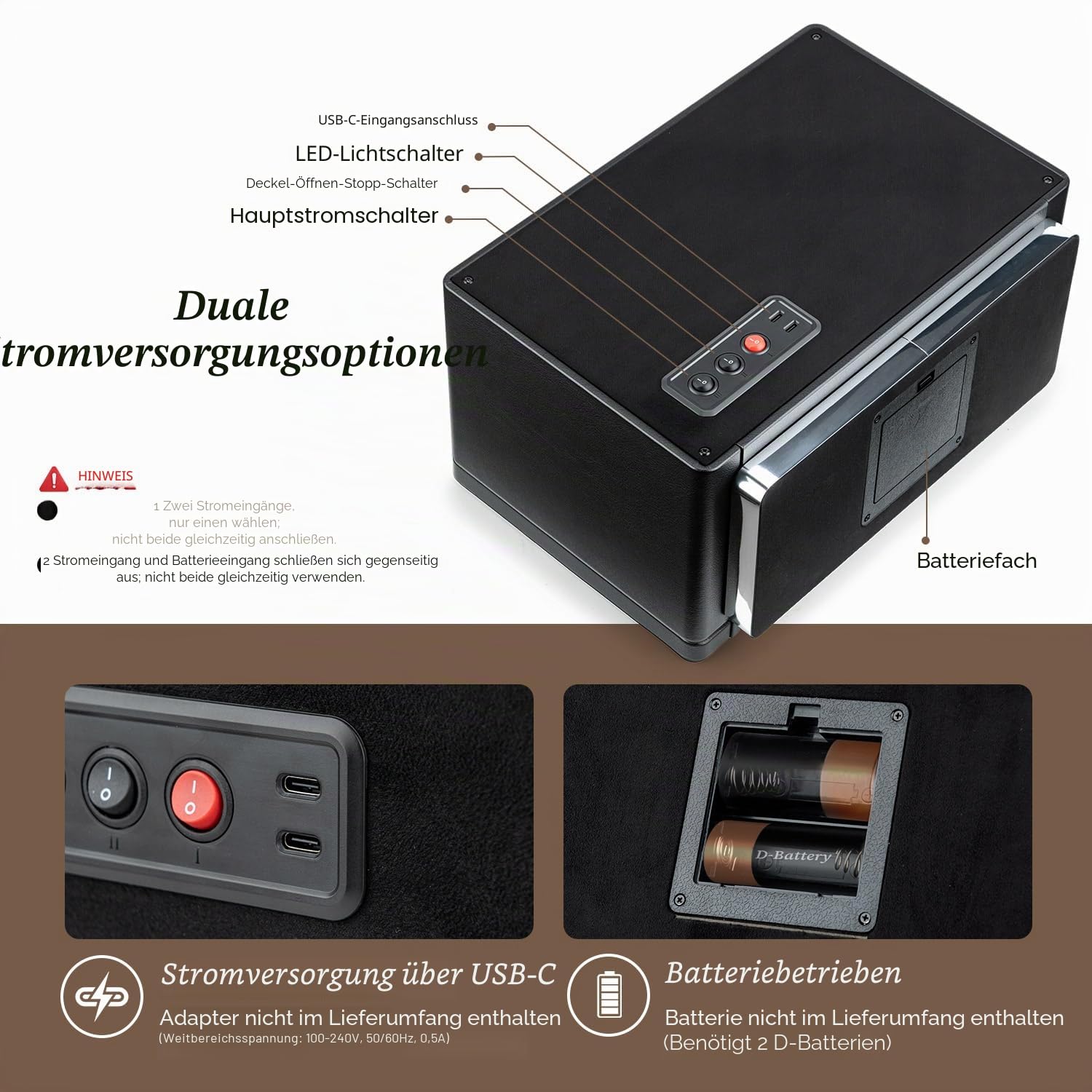 Mcbazel Automatischer Uhrenbeweger für 4 Uhren, PU-Leder Uhrenbox mit Ultraleisem Motor und LED-Licht, 4 Modi für Automatikuhren, USB-C & Batteriebetrieben - Schwarz