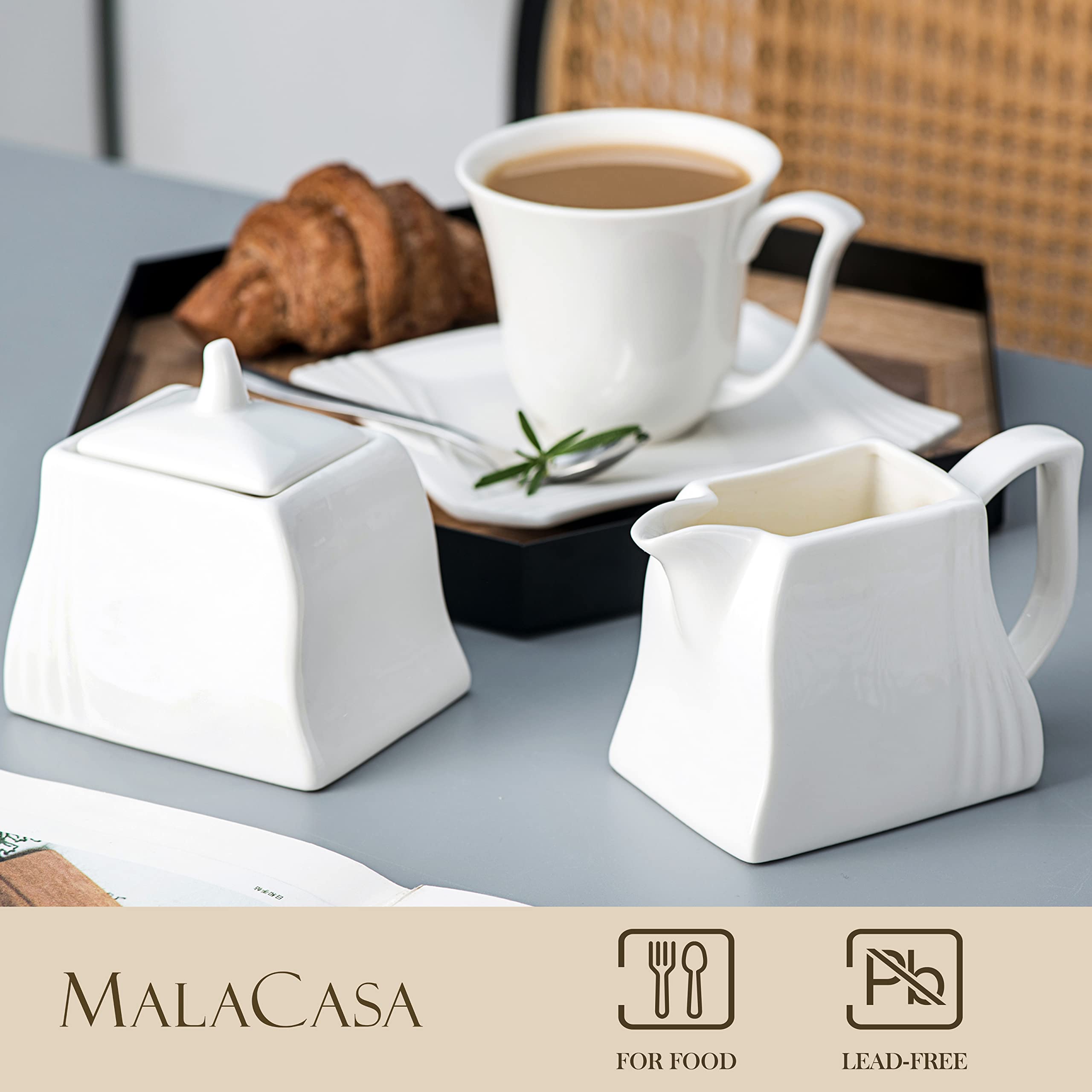 MALACASA | Porcelana leche y azúcar Set 3 TLG, azucarero y jarra de leche, azucarero con tapa y jarra de leche, recipiente para leche y azucarero, recipiente de azúcar blanco, serie AMPARO