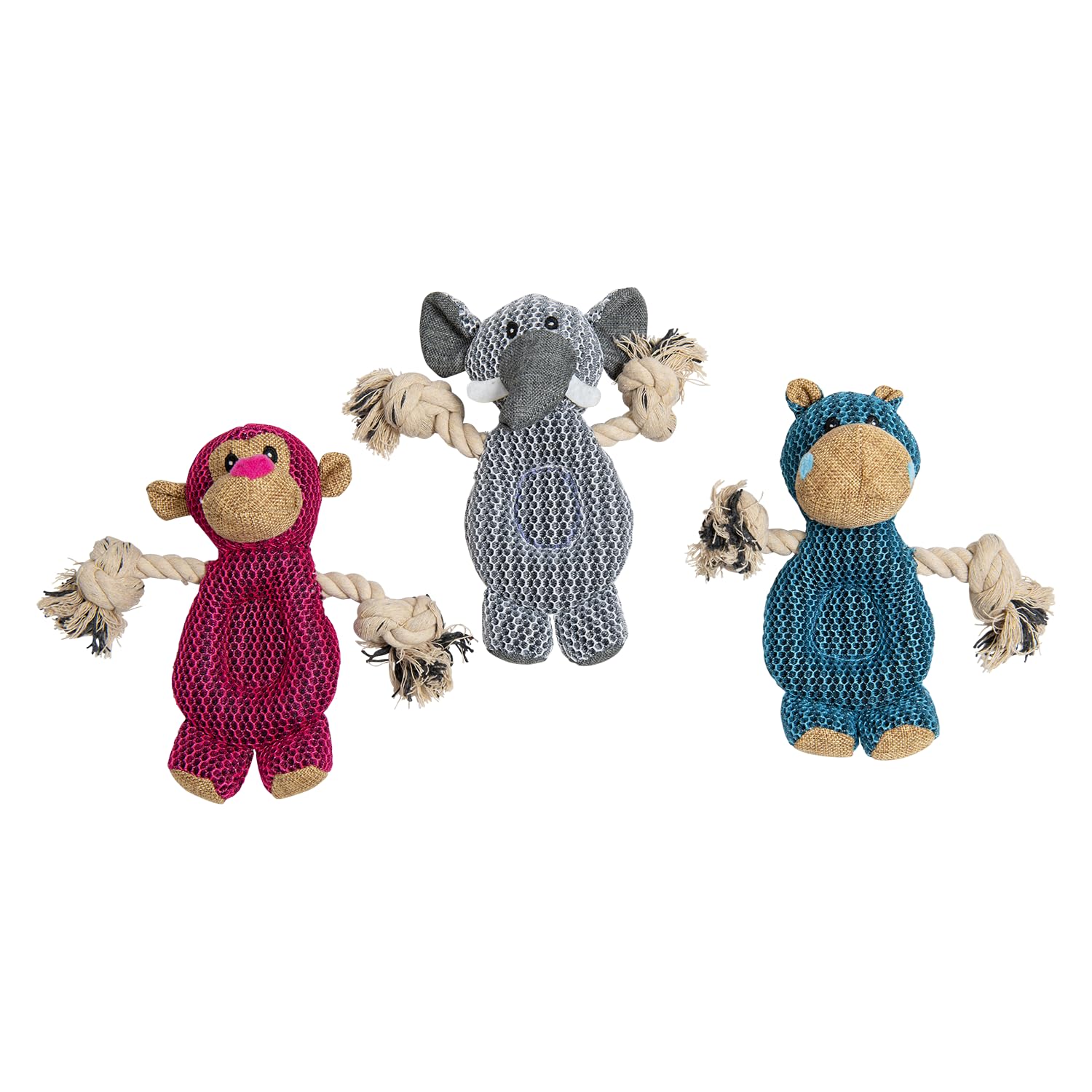 JACK AND VANILLA, Elephant Hippo Monkey Soft Plush Toys for Dogs and Cats 18cm for Cuddling and Gaming, Bright Colours for All Breeds