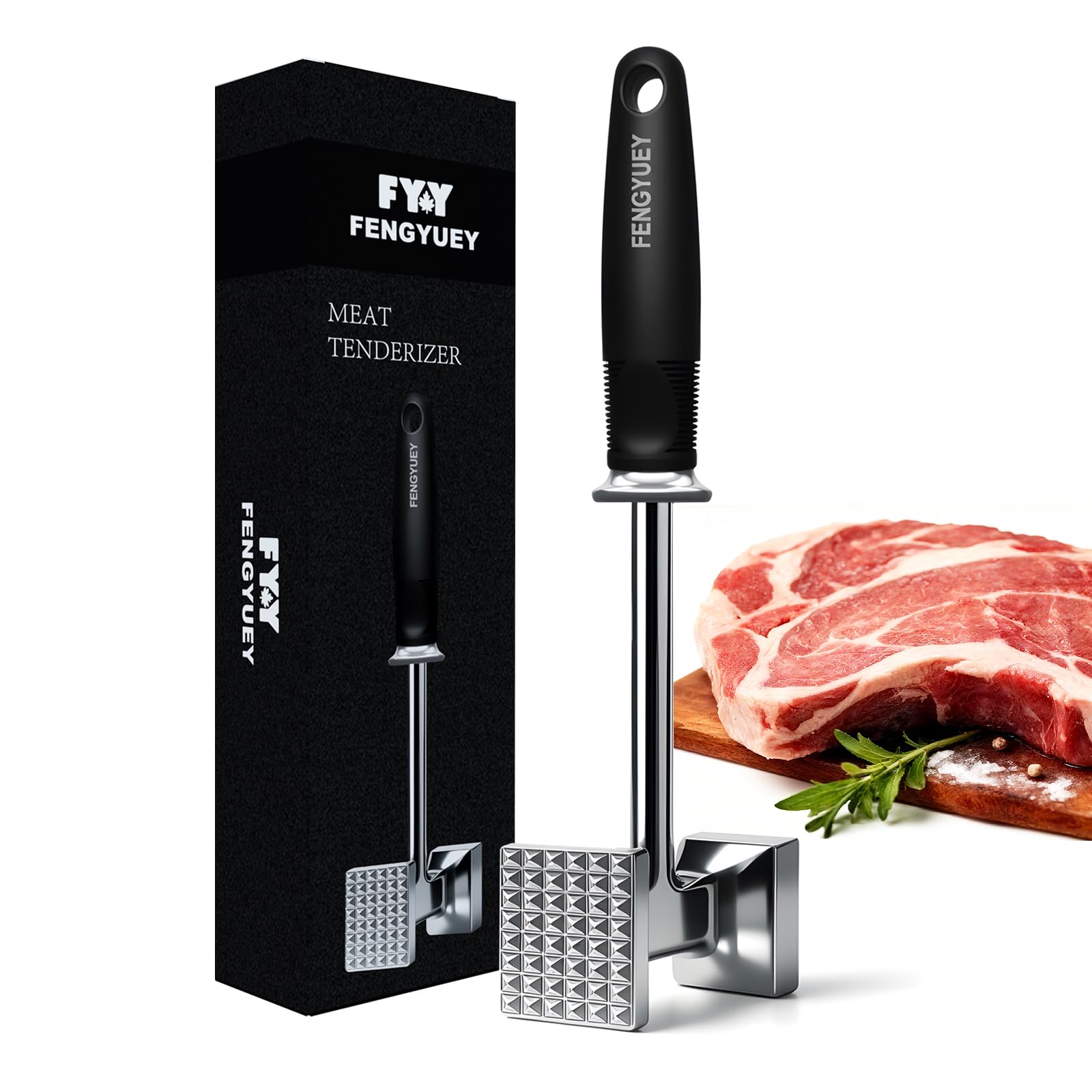 FENGYUEY Meat Tenderizer Tool [Original] - Dual-Sided Meat Hammer Tenderiser, Heavy Duty Kitchen Mallet for Steak, Chicken, Beef, Poultry | Dishwasher Safe, Ergonomic Large Soft-Touch Handle | Black