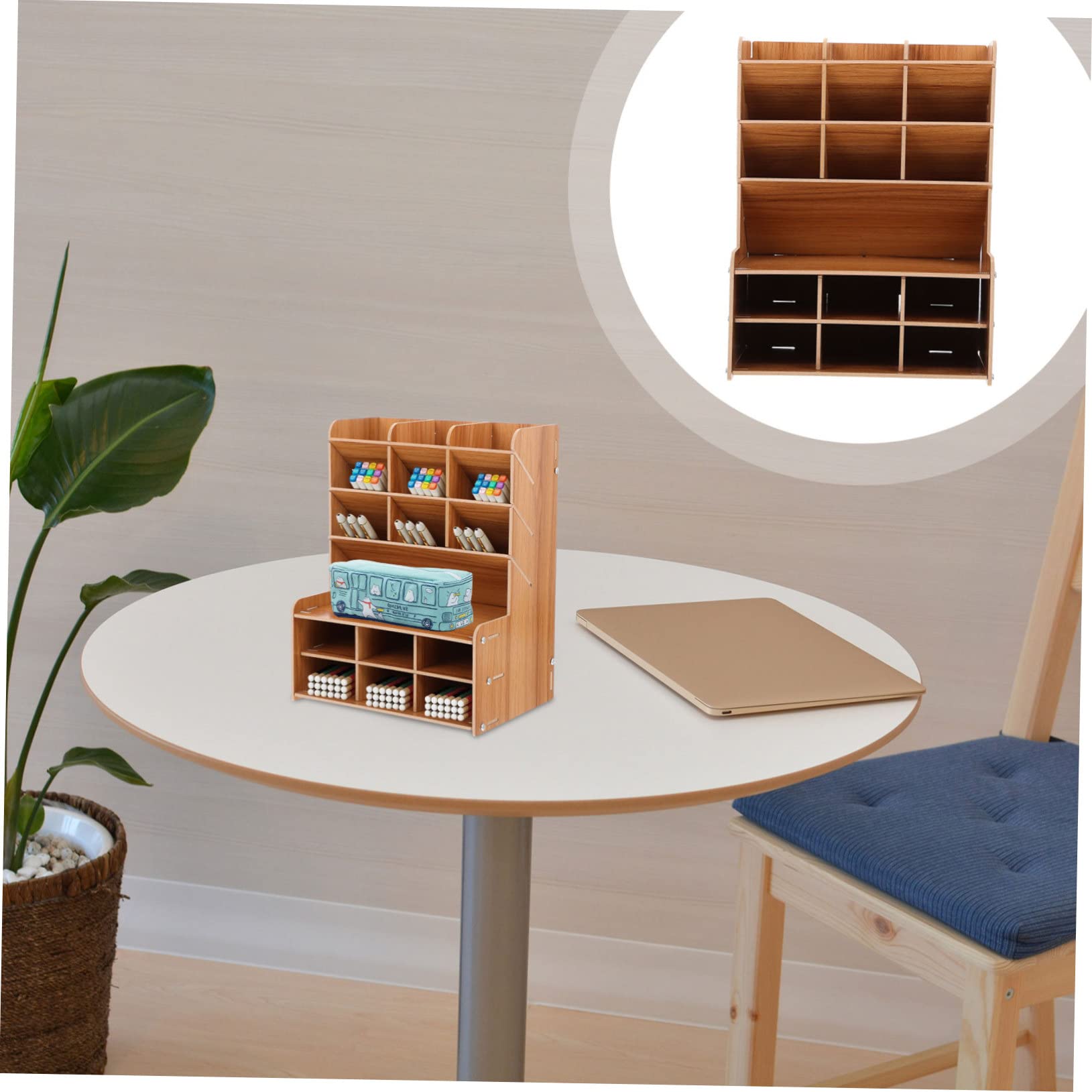 Portalápices de Madera de Cerezo B15, Organizador Multifuncional Múltiples Divisiones, Estante Práctico para Bolígrafos, Soporte de Escritorio para Oficina y Material Escolar