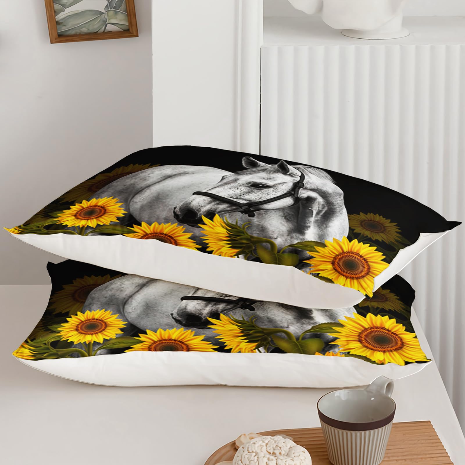Axolotl Juego de ropa de cama de caballo, juego de edredón de girasol, juego de ropa de cama floral campestre, edredón de caballo galopante, juego de ropa de cama de girasol para niños, niñas,