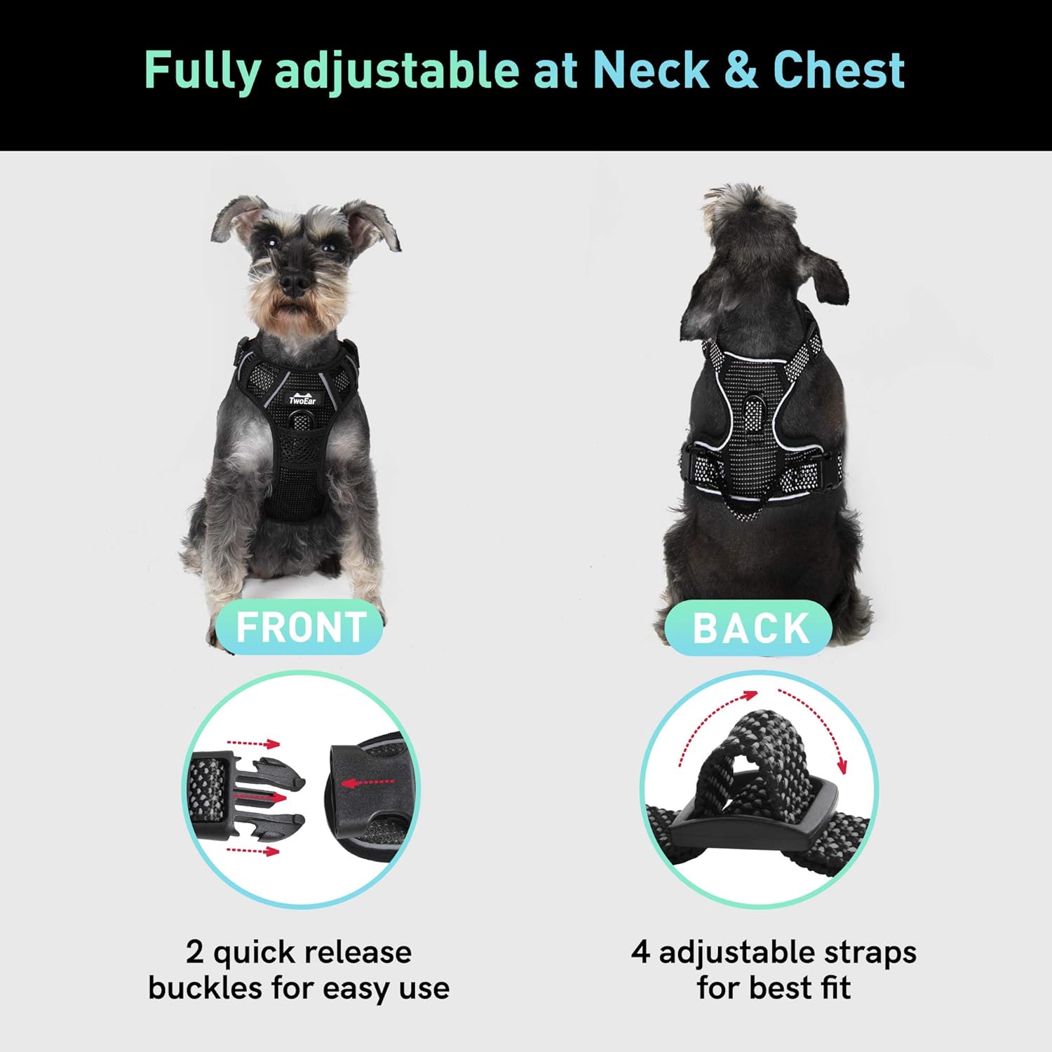 TwoEar Dog Harness, No Pull Reflective Harness Front Clip Easy Control Handle Adjustable Soft Padded Pet Vest for Puppy Small Medium Large Dogs Breed Pet(Extra Large,Black)