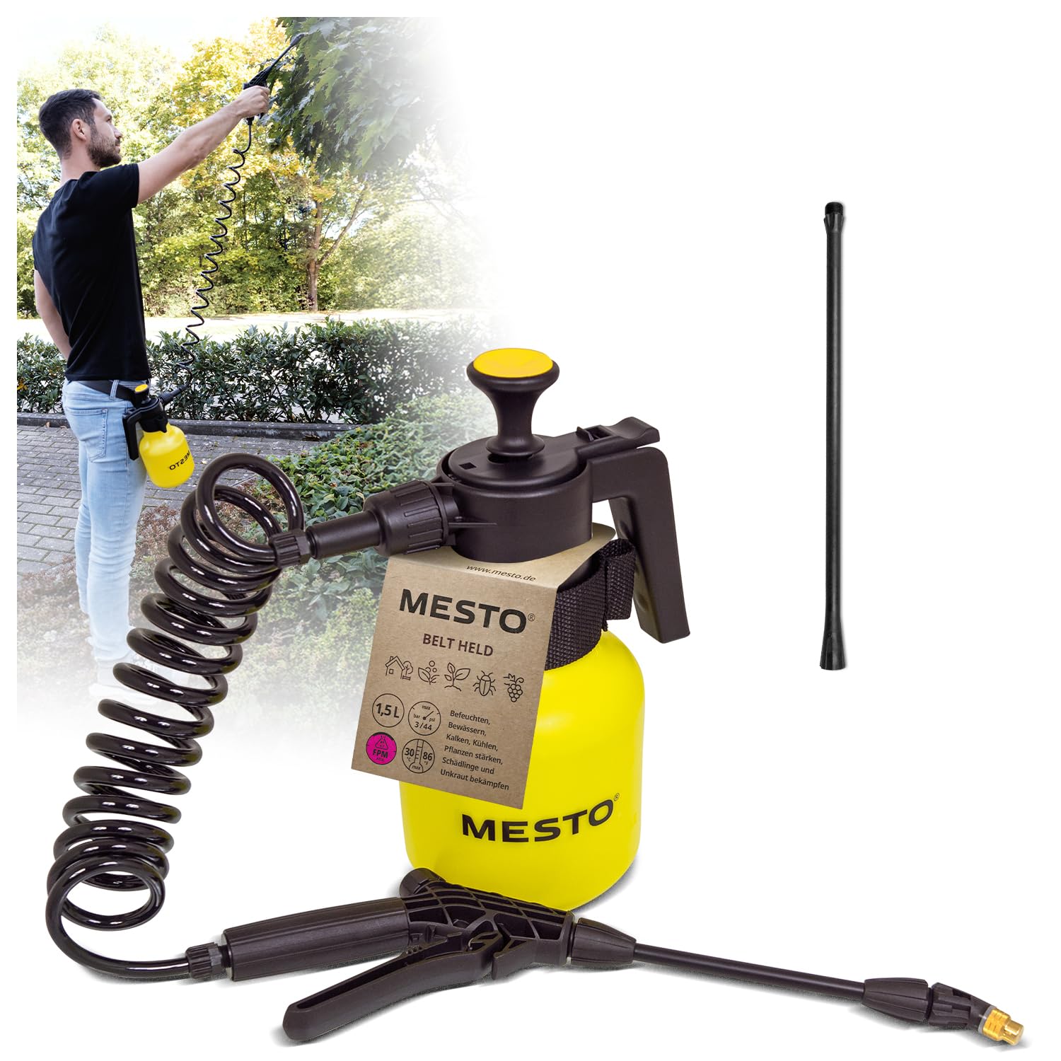 Mesto Belt Held Pulvérisateur 1,5L avec rallonge 45cm | Port à la Ceinture | Jardinage 3 Bar | Pulvérisateur à Pression pour Protection des Plantes et désherbage | Flacon Pompe Robuste