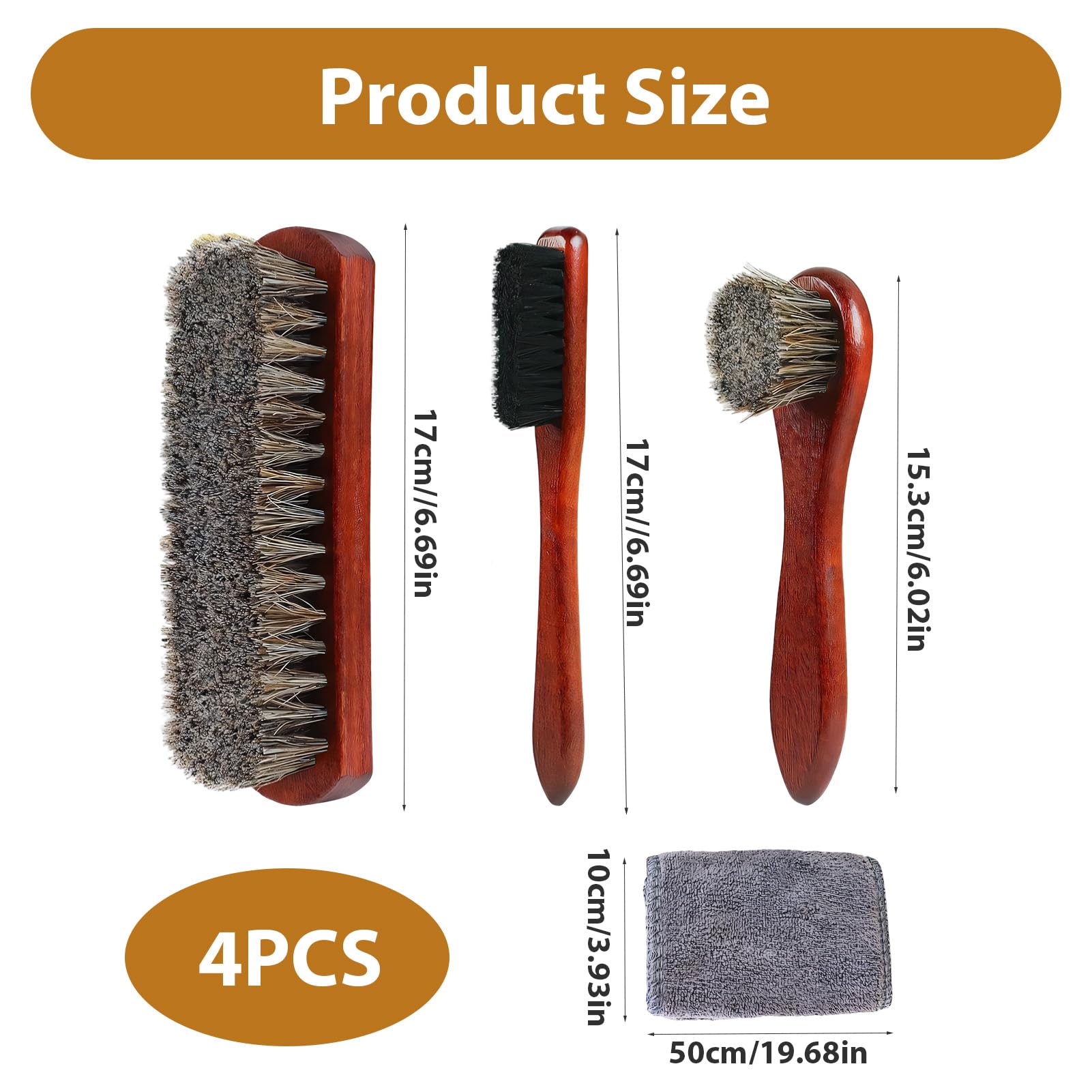 Brosses à Chaussures 4 Pièces, Crin de Cheval, Cuir Daim Cirage | 3 brosses en crin de cheval + chiffon microfibre pour cirage, nettoyage et entretien cuir, daim, bottes et sacs.