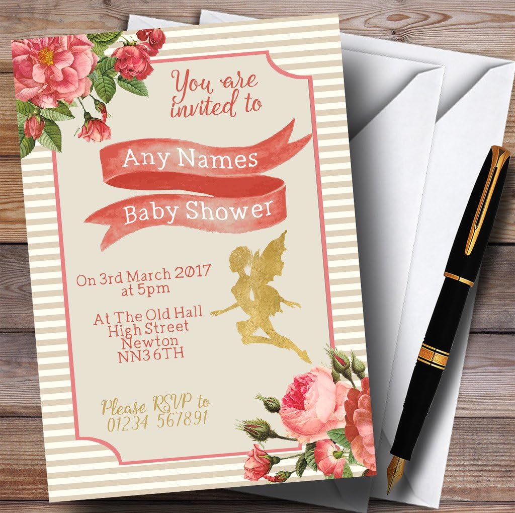 Stripy Floral Pink Gold Fairy Invitations Baby Shower Invitations