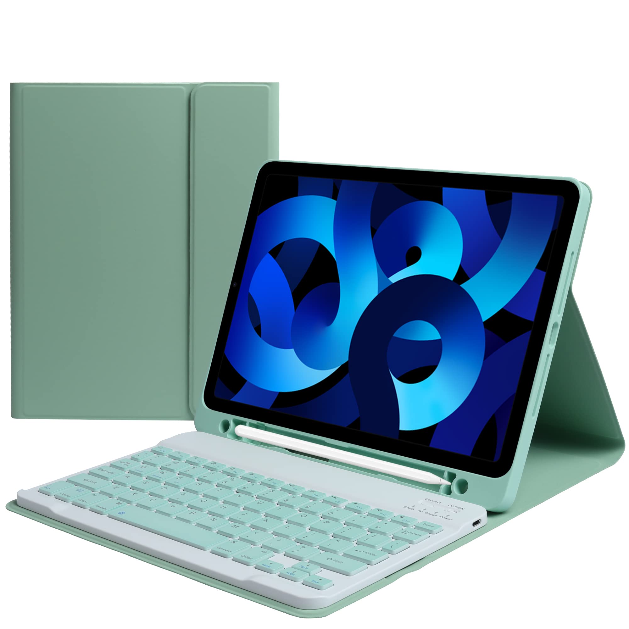 Umechaser ipad対応 キーボード付きケース対応 iPad 11 pro/対応iPad 10.9インチ通用ケース対応iPad Air5/対応iPad Air4ケース 手帳型 ipad対応 キーボードbluetooth キーボードケースペン溝一体 スタンド機能付き 脱着式 Apple Pencil 収納(緑)