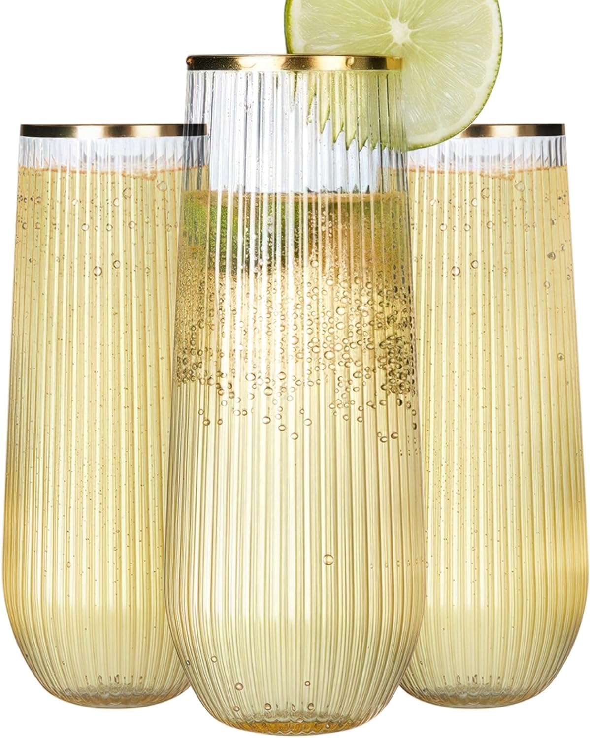 48 Pack Plastic Champagne Flutes Stemless 9 Oz, Ribbed Ripple Gold Rim Unbreakable Champagne Glasses, Elegant Durable Shatterproof Recyclable Glasses Ideal for Wedding Parties