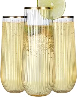 48 Pack Plastic Champagne Flutes Stemless 9 Oz, Ribbed Ripple Gold Rim Unbreakable Champagne Glasses, Elegant Durable Shatterproof Recyclable Glasses Ideal for Wedding Parties