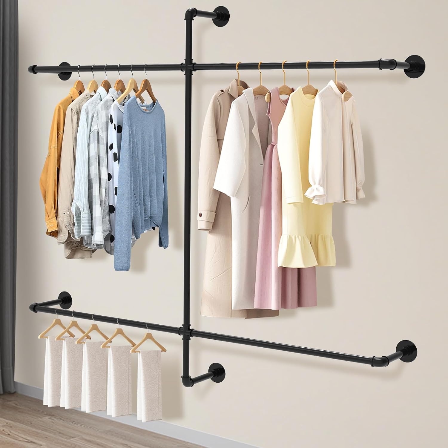 FAHKNS Industrial Pipe Clothing Racks Wall Mounted, Pipe Clothes Rack with 4 Hanging Rods, Heavy Duty Garment Rack for Bedroom, Laundry Room, Closet Systems for Walk in Closets