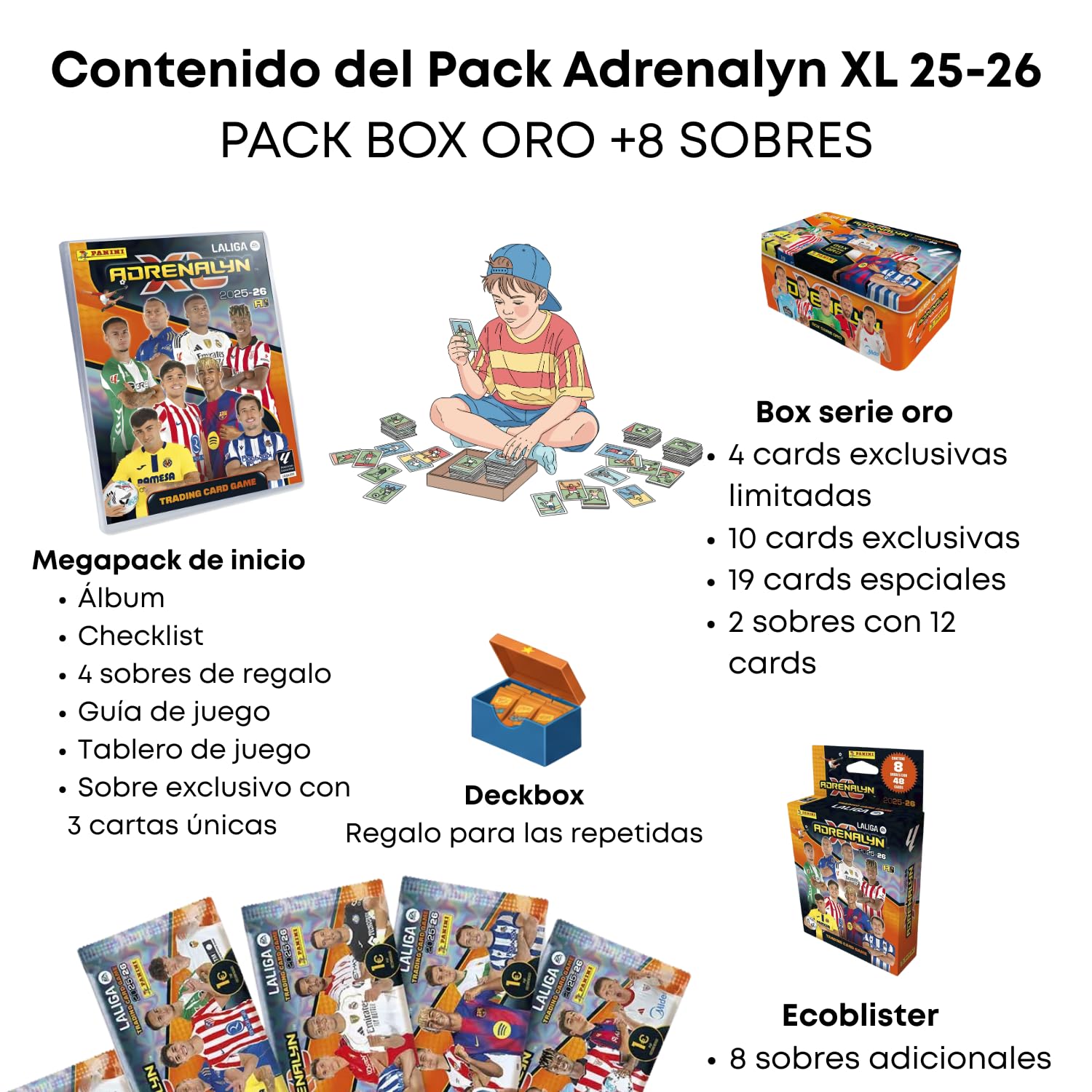 PANINI ADRENALYN XL 25/26 Pack Serie Oro con Deck Box de Regalo, Cartas Coleccionables Fútbol, Incluye Megapack, Box Serie Oro y 8 Sobres