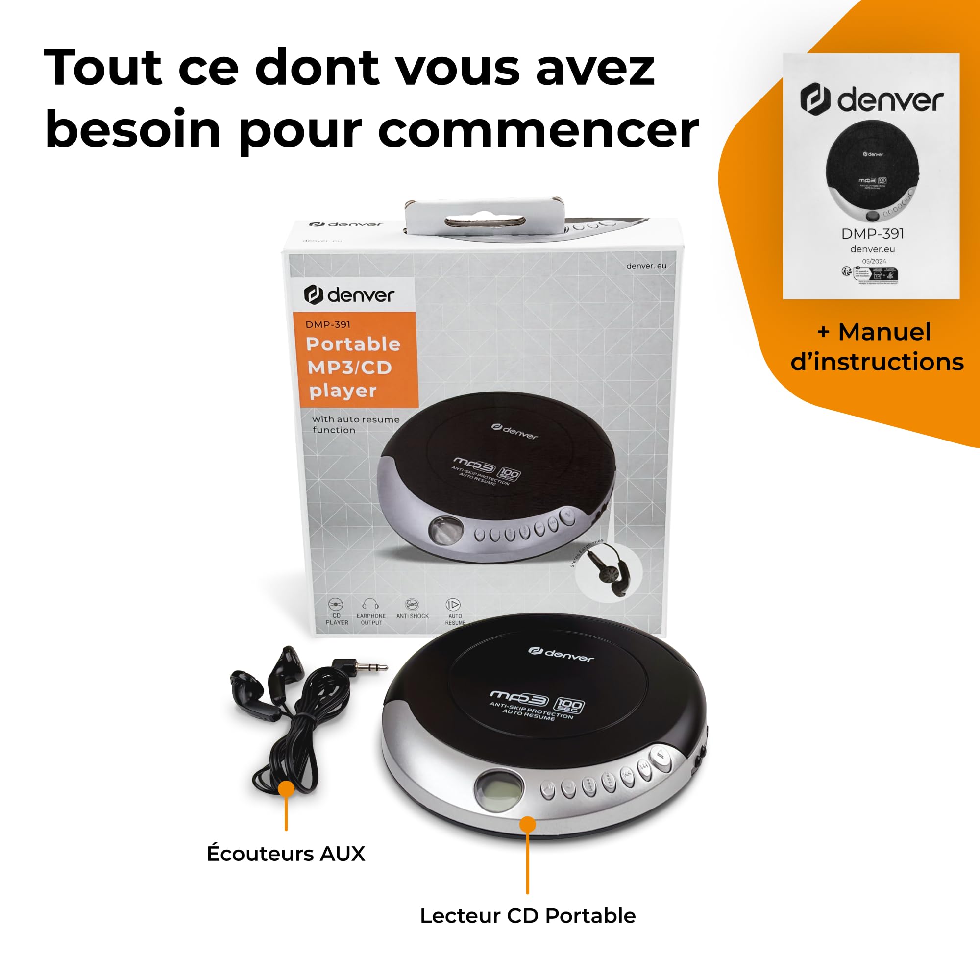 Denver DMP-391 Lecteur CD/MP3 Portable avec Anti-Choc, Reprise Automatique, écran LCD, Prise Casque, écouteurs Inclus, Noir