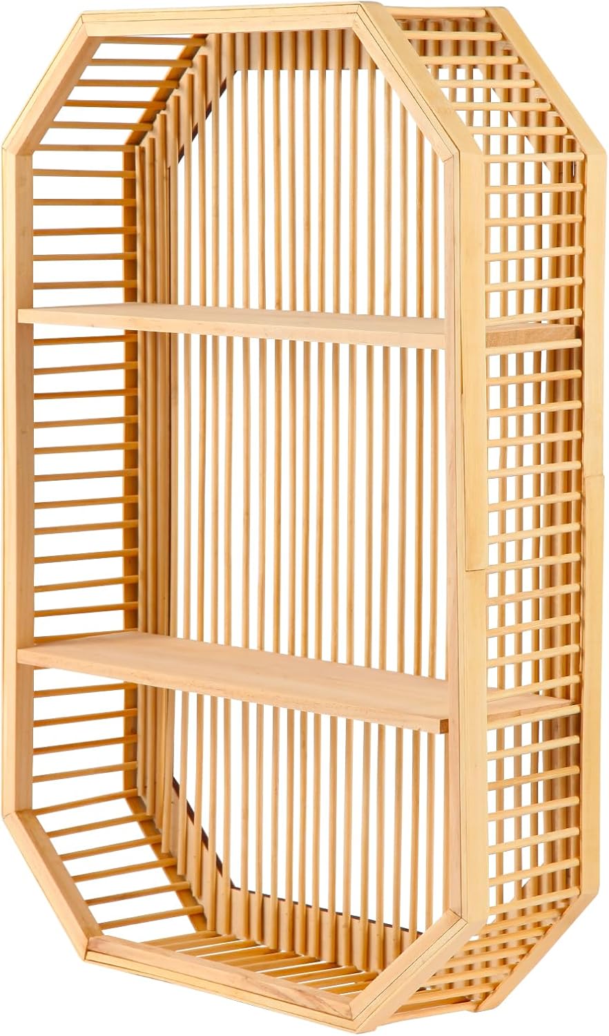 Square Floating Wall Shelf Decor, 2 Tier Bamboo Wall Mounted Display Storage Hanging Shelves Home Decorations Art for Bedroom Living Room Kitchen Bathroom Office (24"x17"x4")