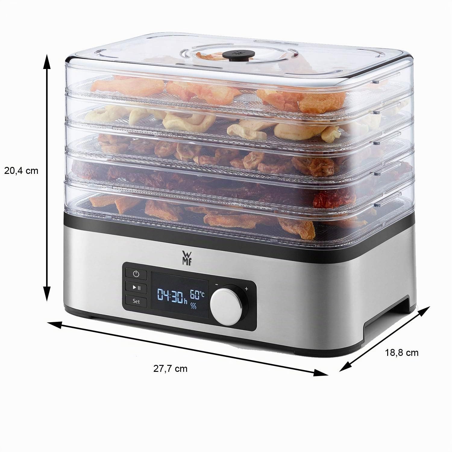 WMF KitchenMinis Essiccatore Compatto Snack to Go, in Acciaio Cromargan con 5 Griglie di Essicazione in Tritan, Sistema Silenzioso, Essicatore con Display LCD e Timer Programmabile, Dim. 28 x19x21 cm