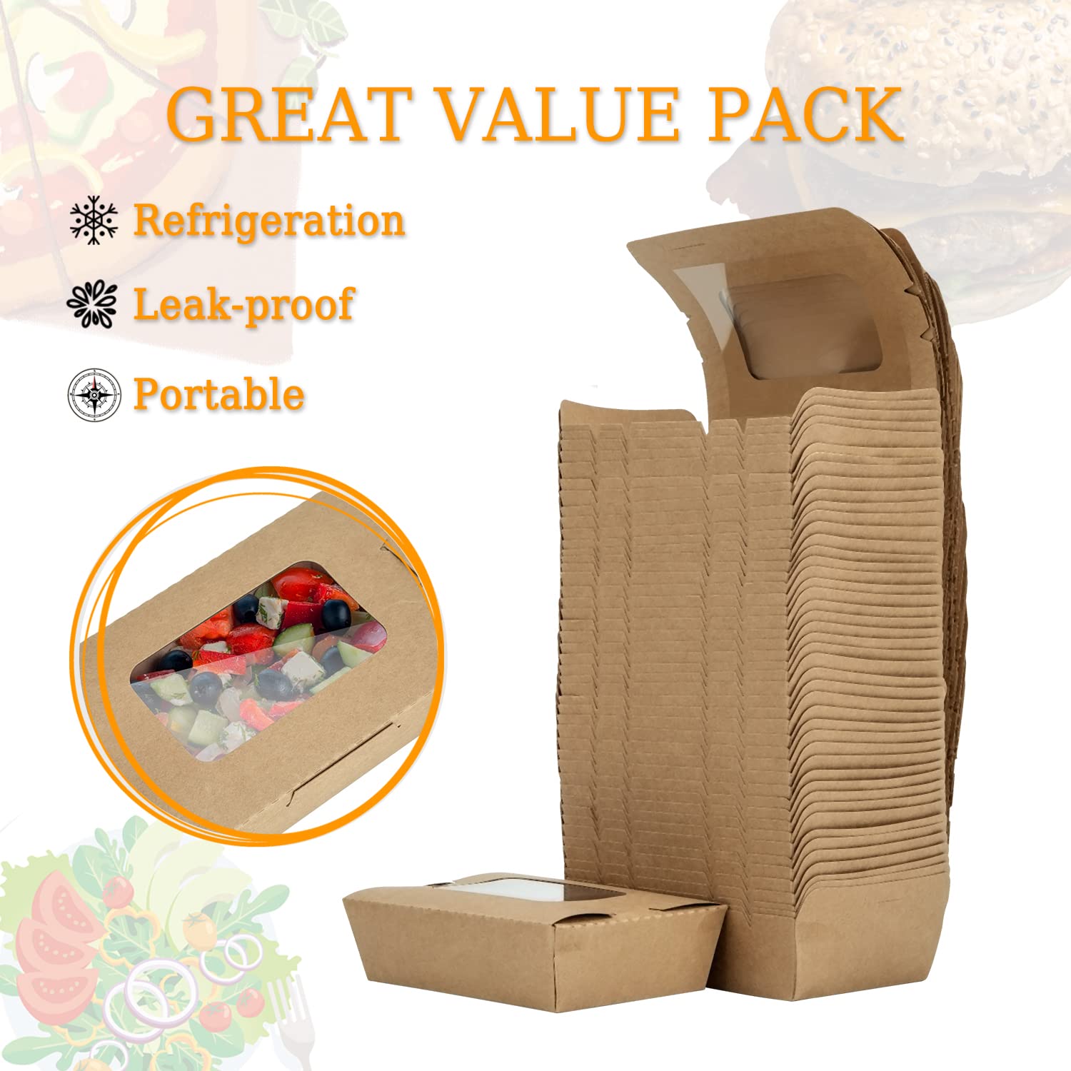 Contenitori Alimenti Da Asporto In Carta Kraft - 20 Pezzi 900ml - Con Finestra - Anti Olio E Acqua - Per Panini, Insalate