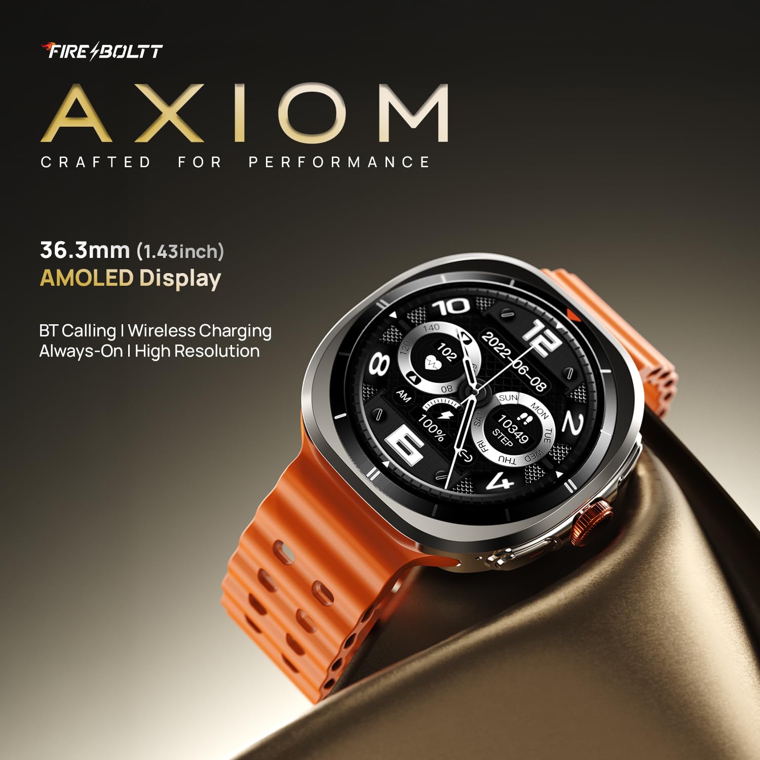 Fire-Boltt Axiom Round Smart Watch 1.43" Super AMOLED Display with Always-On Mode, Bluetooth Calling, Rotating Crown, SPO2 & Heart Rate Monitor, IP67 Waterproof Silicone Smartwatch for Men - Orange — Amazon image 2
