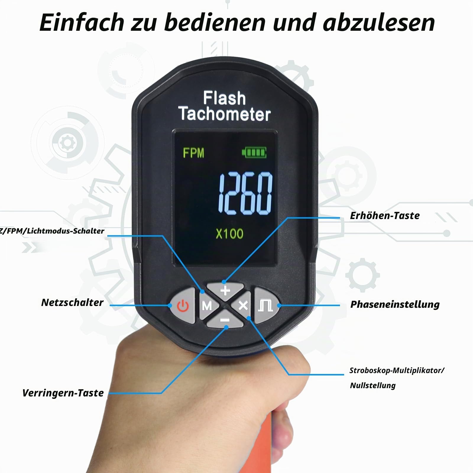 Digital Strobe Tachometer, Kethoz Handheld Stroboscope Speedometer Measure Motor Propeller Rotational Speed 60-100000 U/min mit 0.001%, Phasenanpassung, Akkubetrieben Non-Kontakt Stroboskop KE-8000B