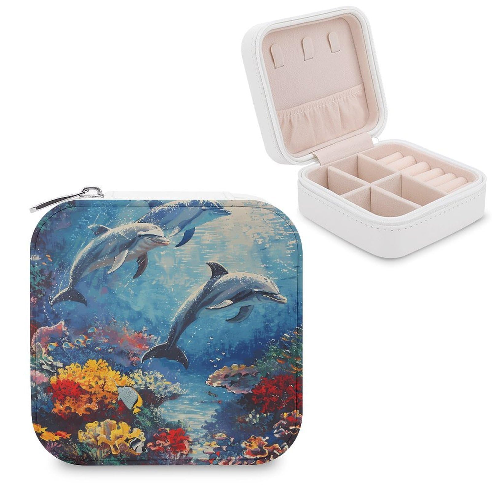 FekiLoot Seabed Coral Fish Dolphins Jewelry Box Custom Jewelry Travel Case Pu Leather Trinket Organizer Box to Organize Ring Pendant Earring Small Portable Jewelry Storage Holder for Women