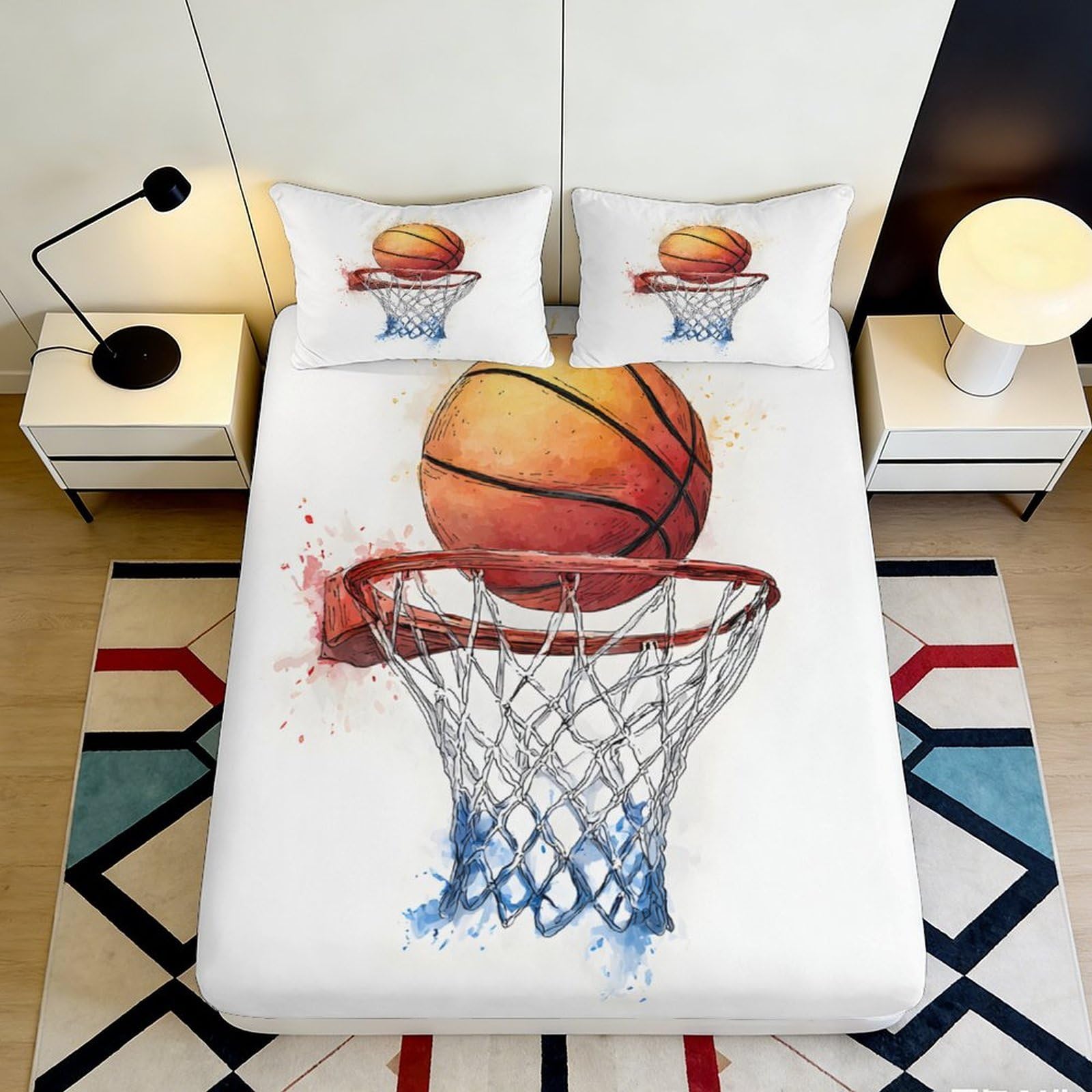 3D Printed Basketball Fitted Sheet Microfiber Deep Pocket Elastic Hem Bedroom Basketball Mattress Fitted Cover Washable 140x200x25cm