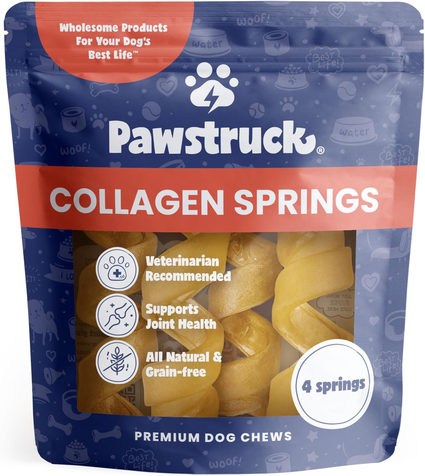 Natural Large Collagen Stick Springs for Dogs - Vet-Approved Long Lasting Alternative to Traditional Rawhide & Bully Sticks with Glucosamine & Chondroitin - 4 Pack - Packaging May Vary