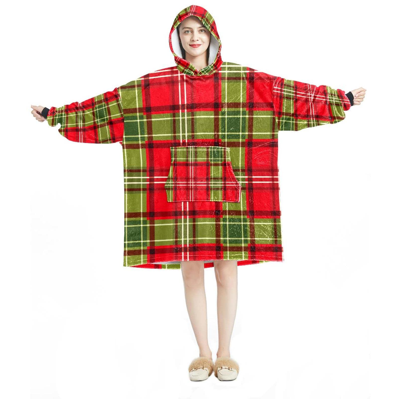 Couverture à capuche surdimensionnée Sherpa adulte pull géant flanelle écossais rouge vert