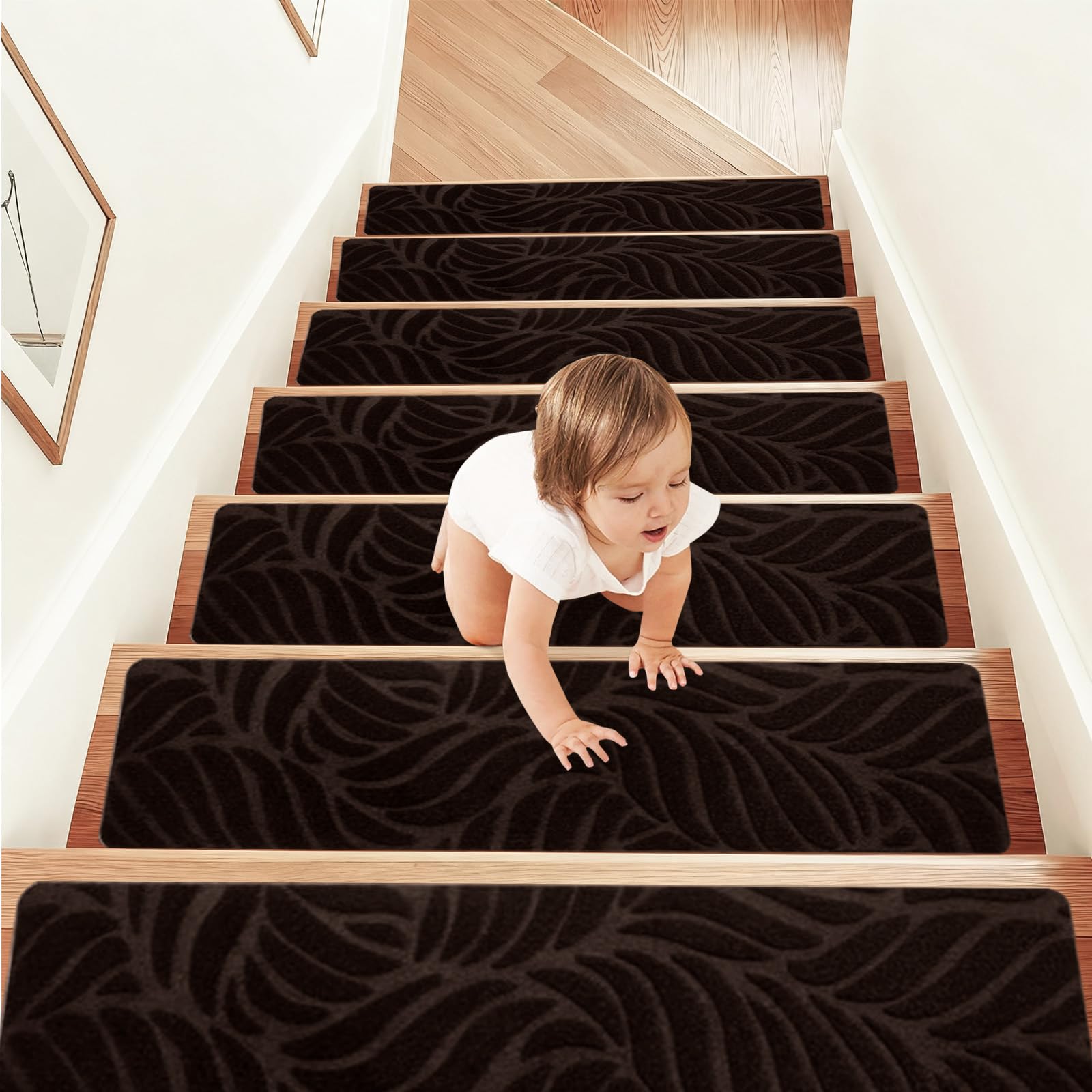 15 alfombrillas autoadhesivas para peldaños para escaleras, antideslizantes, autoadhesivas, para interiores, para niños, ancianos y mascotas (café-A, 76 x 20 cm)