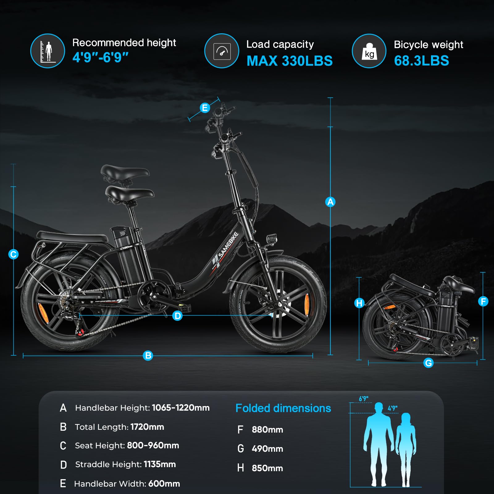 SAMEBIKE Bicicleta eléctrica Plegable 20" 250W Motor batería extraíble eBike para Commuting Caja de Cambios de 7 velocidades Bicicleta eléctrica Adulto Suspensión Delantera y Doble Disco Frenos