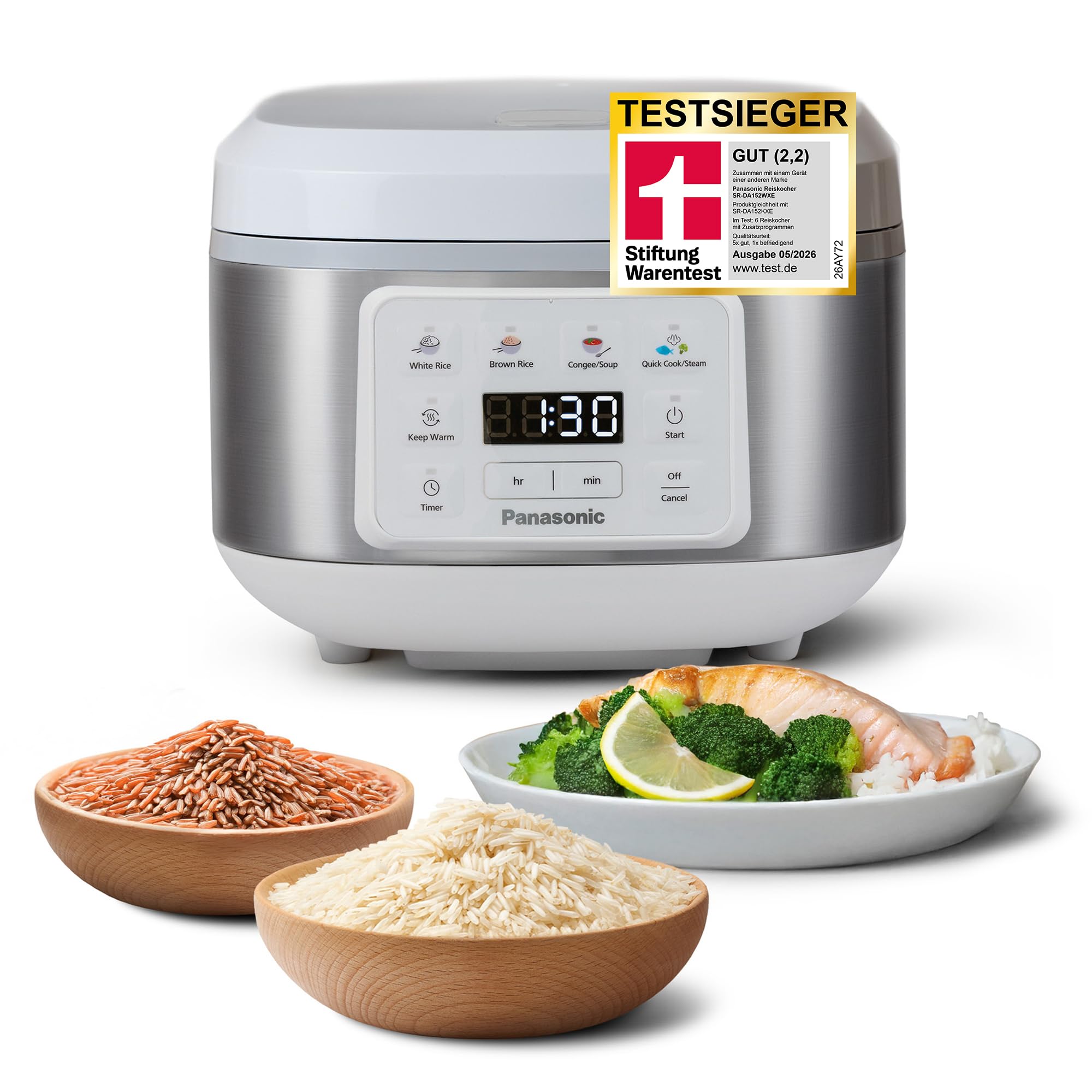 Panasonic SR-DA152WXE Automatischer Reiskocher mit Dampfgarer, 1,5 Liter (8 Tassen), Fuzzy-Logik, Wasserverhältnisanzeige, BPA-frei, Warmhalten, Startverzögerung, spülmaschinengeeignete Teile, weiß