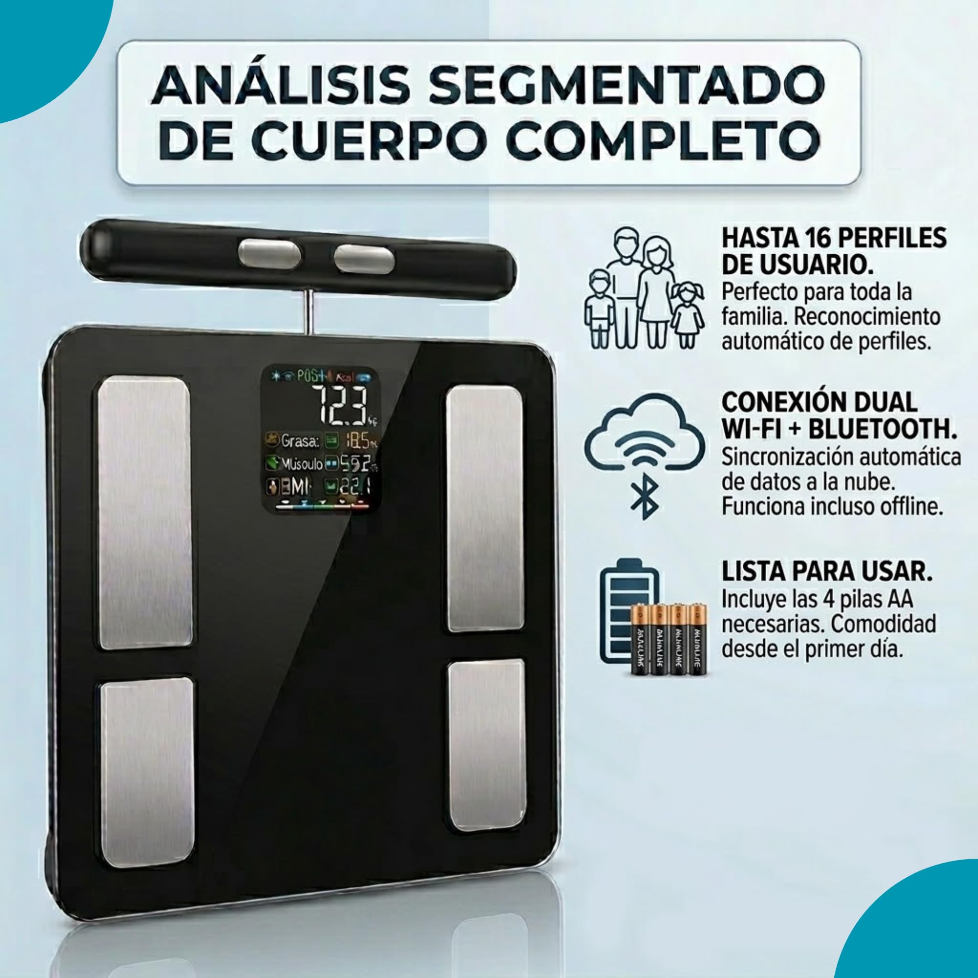 Báscula bioimpedancia Inteligente bluetooth, Análisis Corporal Completo +27 mediciones,%grasa corporal, músculo, 8 Electrodos de Alta Precisión, 180 kg