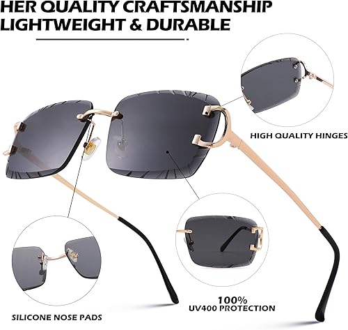 Miniatura 6 de Lentes de sol rectangulares sin montura para hombresmujeres, sin marco, cuadrado, moderno, lentes de corte de diamante