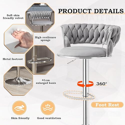 Miniatura 5 de Juego de 2 taburetes de bar grises, modernos taburetes de bar giratorios de 360 con respaldo tejido, base plateada, sillas de bar de terciopelo,