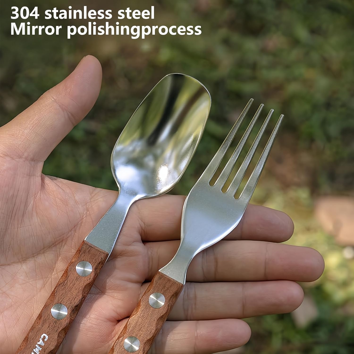 Campingmoon Stainless Steel Camping Fork and Spoon Combo 2-Pack Metal Sporks Set of 2 With Solid Wood Handle Salad Forks Spork Camping Utensil for Hiking Backpacking