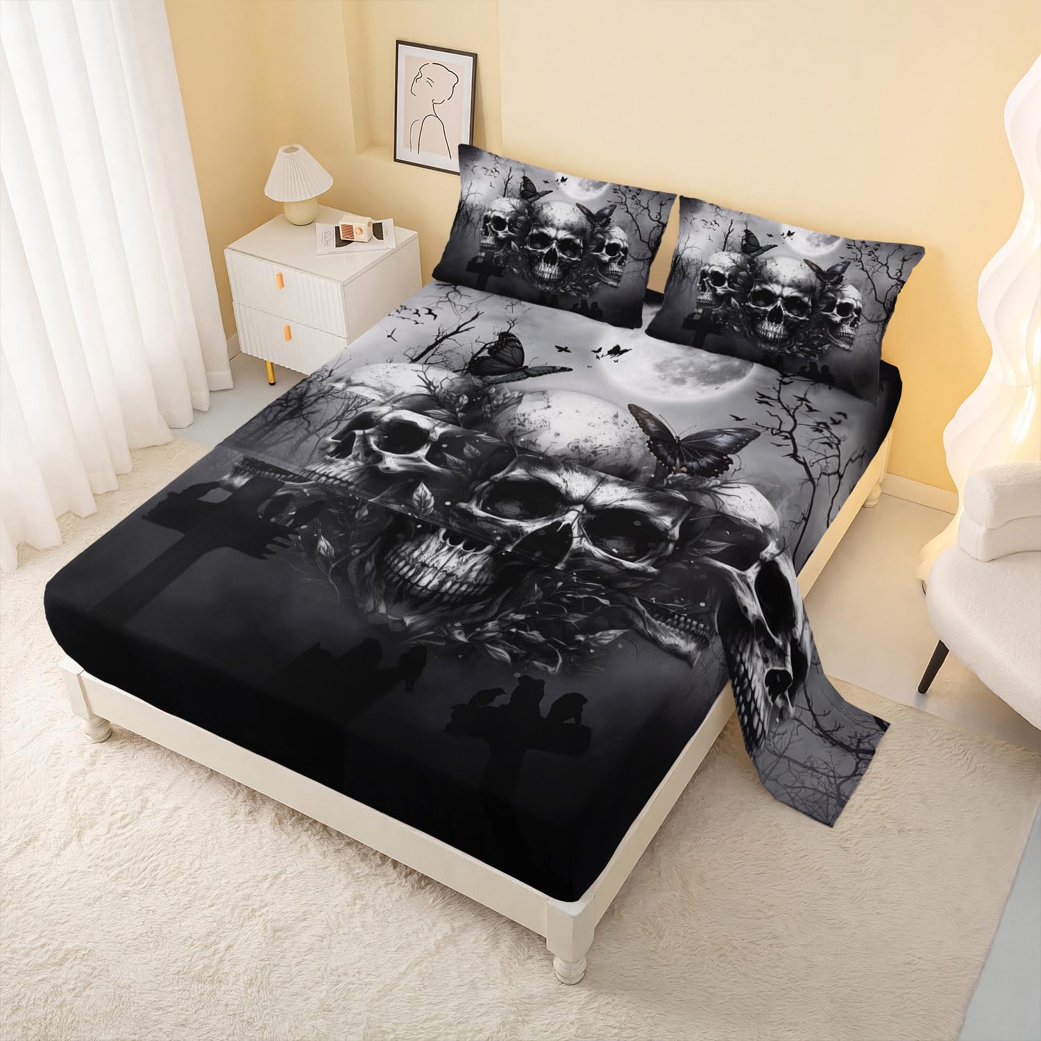AILONEN Goth Skull Bedding Set King Size for Boys,Kids Black Skull Fitted Sheet + Flat Sheet + 2 Pillowcases,16