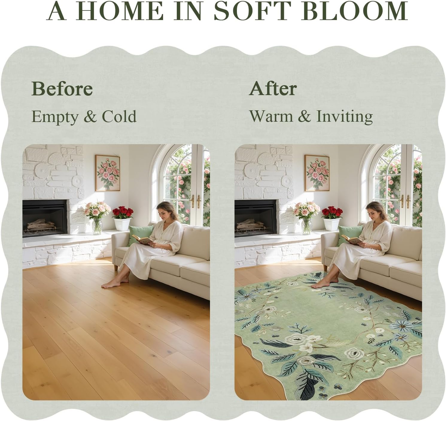 BSICPRO Floral Area Rugs, 5x7 Washable Vintage Living Room Rug with Rubber Backing Non Slip Low Pile Farmhouse Large Area Rugs for Bedroom Dining Room Playroom (Light Green)