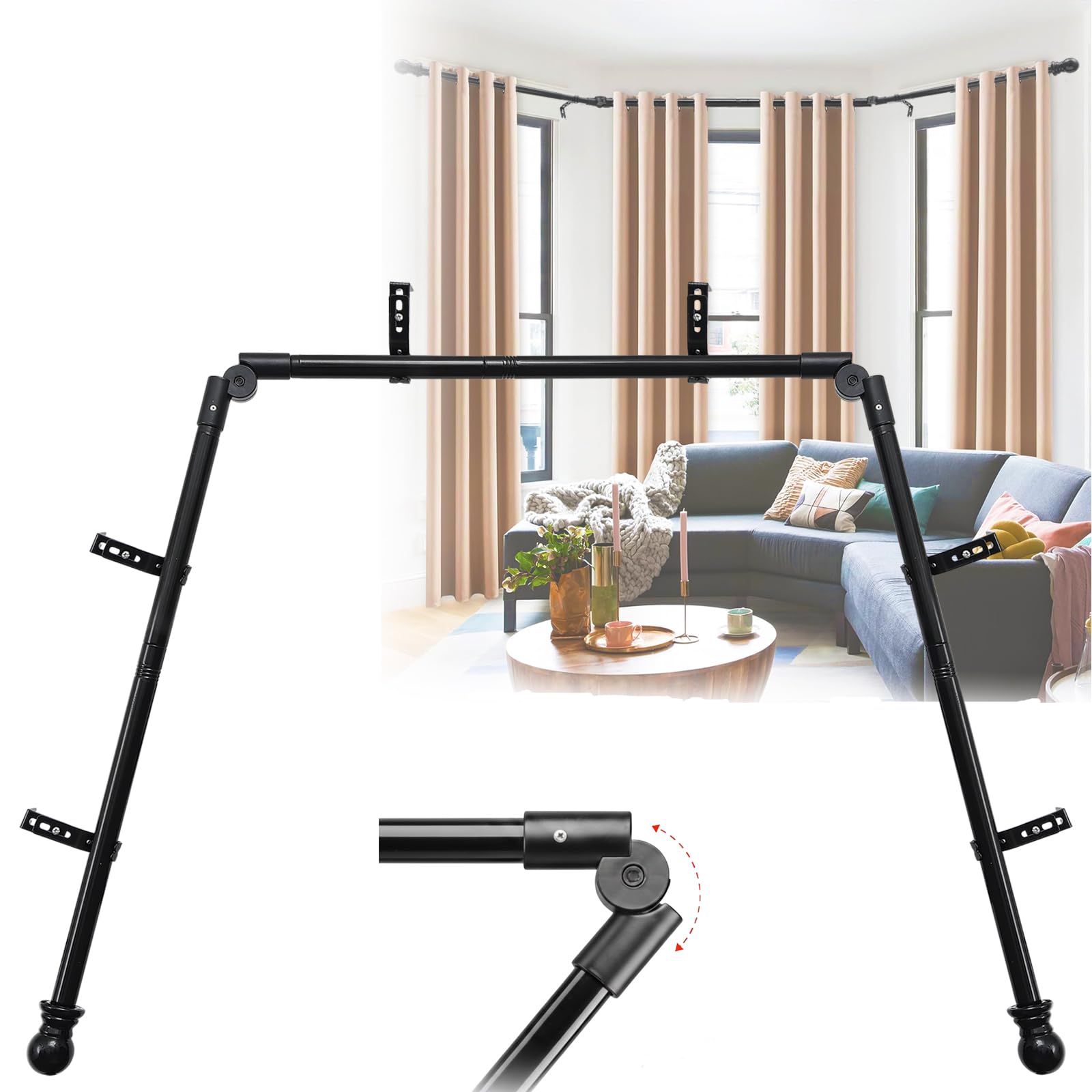 Bay Window Curtain Rods, 36-160" Heavy Duty Corner Curtain Rod, Adjustable DIY Design for Center and Side Rods,U-Shape 1 inch Drapery Rod Set with Brackets for Windows - Black