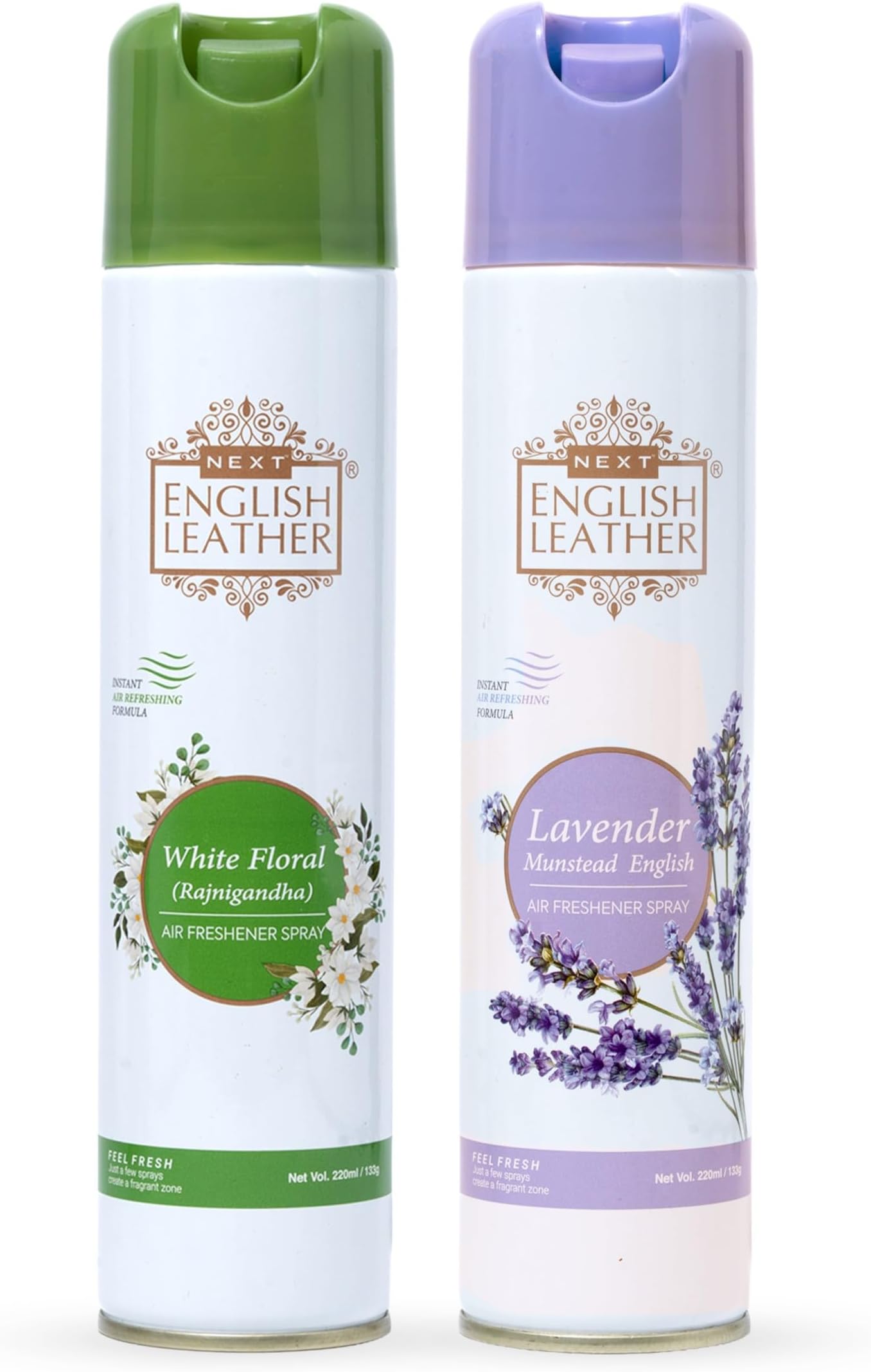 Next Care English Leather Lavender & White Floral Air Freshener Spray for Home, Car & Office โ 220 ml Each (Pack of 2) | Room Freshener with Floral Fragrances | Odor Reducing Spray