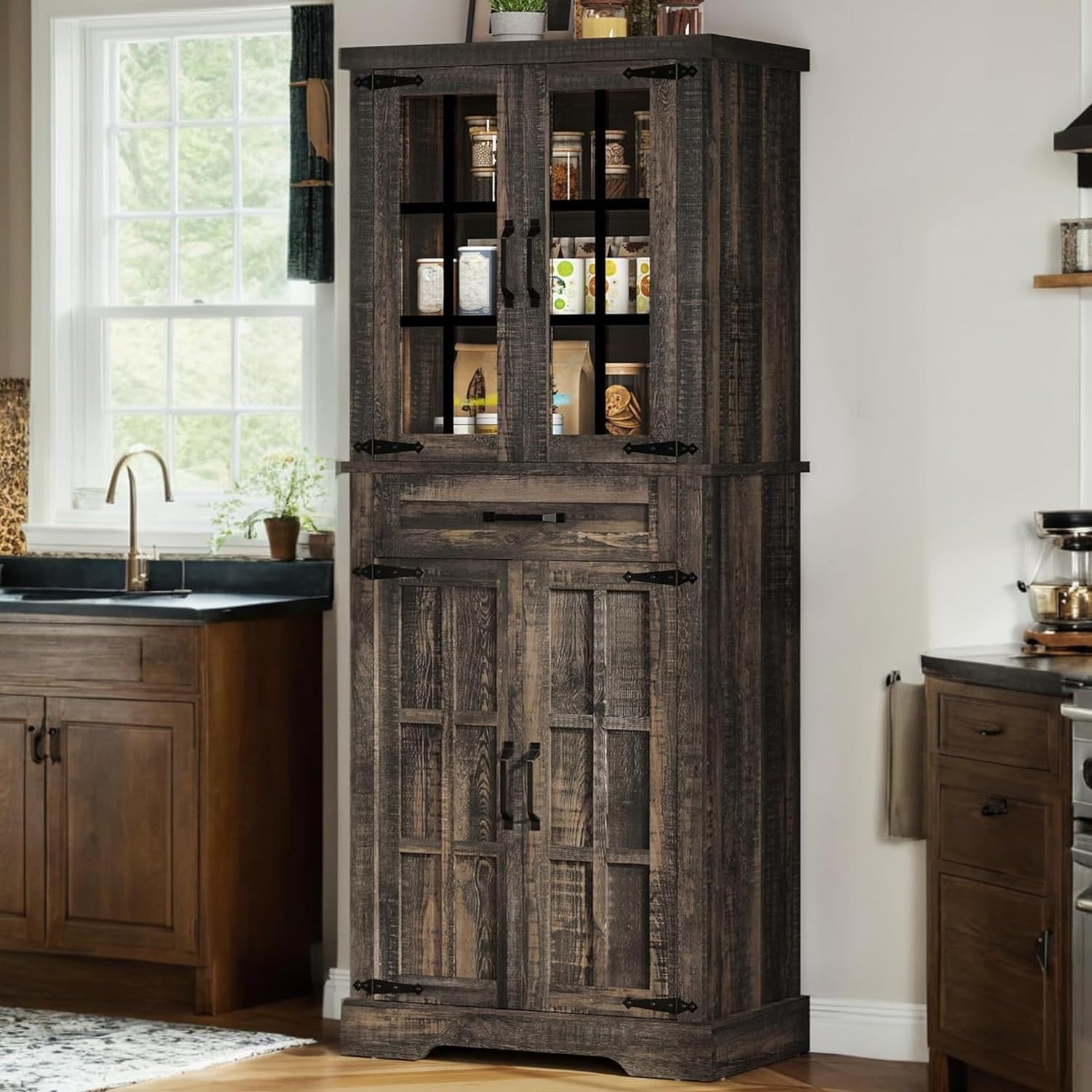 DWVO Farmhouse Kitchen Pantry Cabinet, 71" Tall Storage Cabinet with Adjustable Shelves & Glass Doors, Freestanding Kitchen Cupboard for Dining Room, Living Room, Dark Rustic Oak