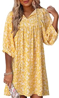 Dokotoo Womens Summer Dresses 2025 Boho Floral Drawstring V Neck Chiffon Lantern Sleeve Beach Vacation Mini Dress Sundress