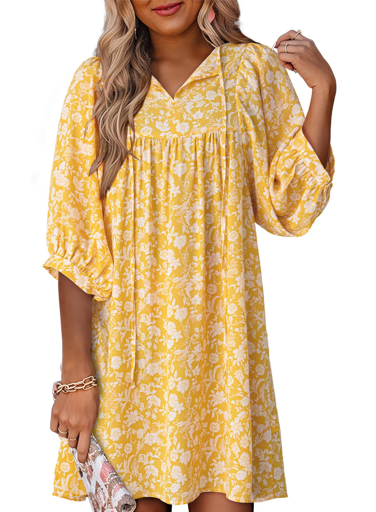 DokotooWomens Summer Dresses 2025 Boho Floral Drawstring V Neck Chiffon Lantern Sleeve Beach Vacation Mini Dress Sundress