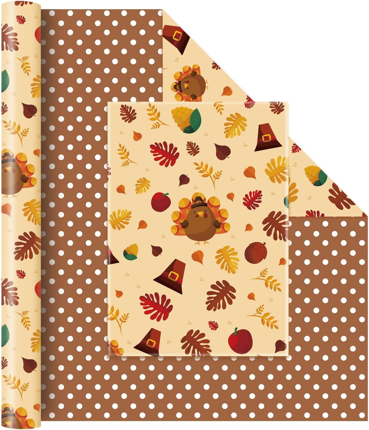 WERNNSAI Fall Wrapping Paper Roll - 1 Roll 17” x 33 ft Brown Turkey Wrapping Paper Autumn Forest Design Thanksgiving Gift Wrap Favor Fall Festival Holiday Supply for Kids