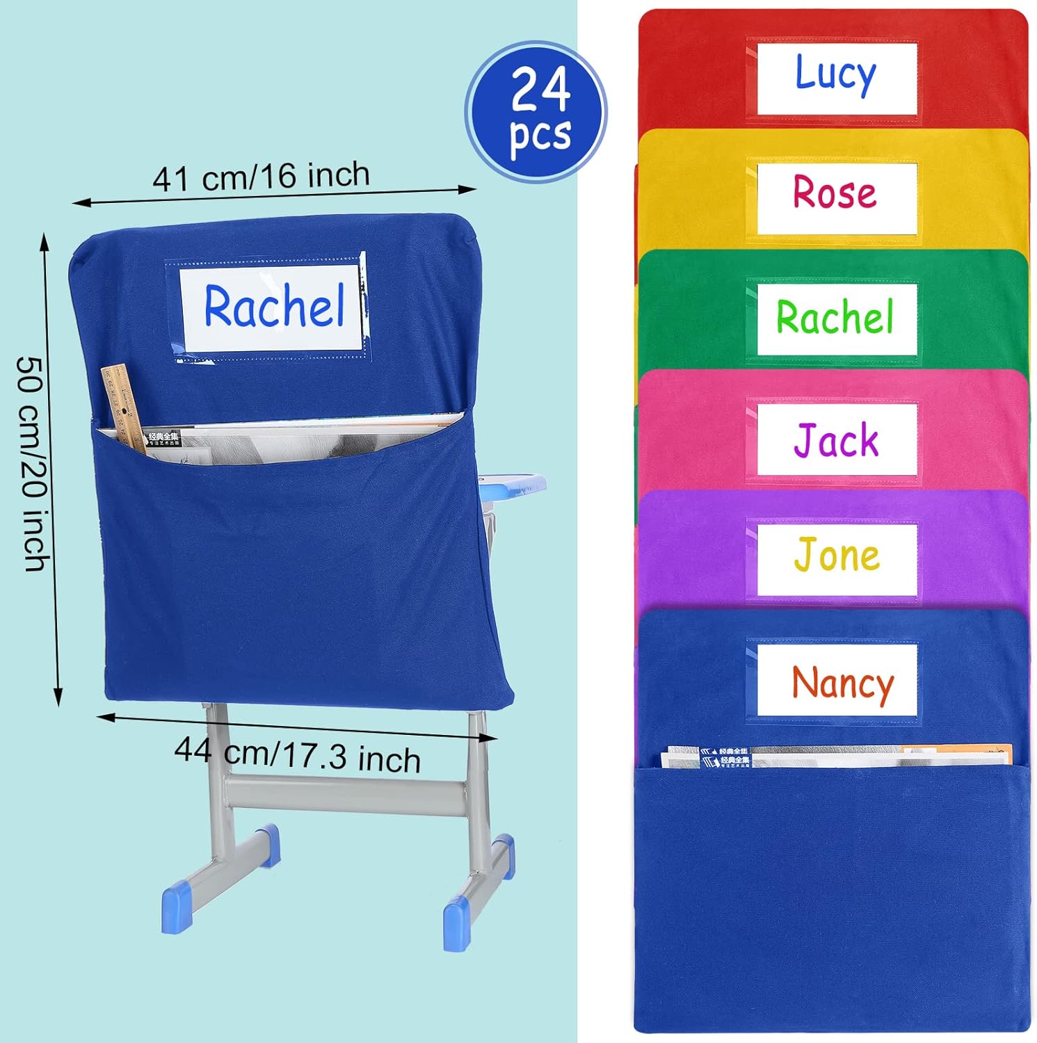 24 Pcs Chair Pockets for Classrooms 17 x 20 Inches Student Chair Bag Chairback with Name Tag for Keeping Student Book School Table Organized
